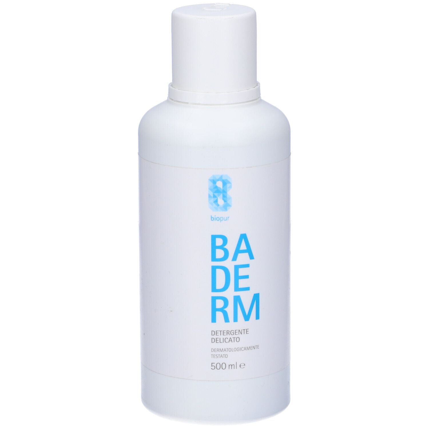 Flacone bianco con scritta blu "BA DERM". Sotto "DETERGENTE DELICATO". 500 ml.