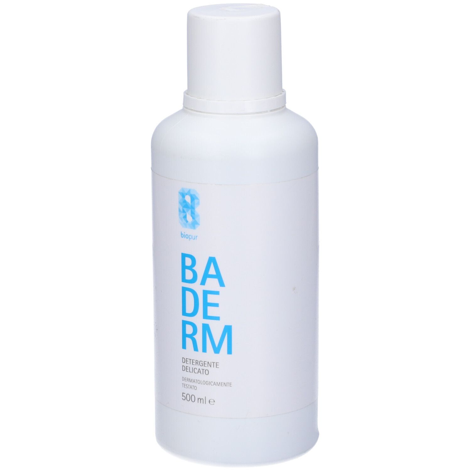 Flacone bianco con scritta blu "BA DERM". Sotto "DETERGENTE DELICATO". 500 ml.