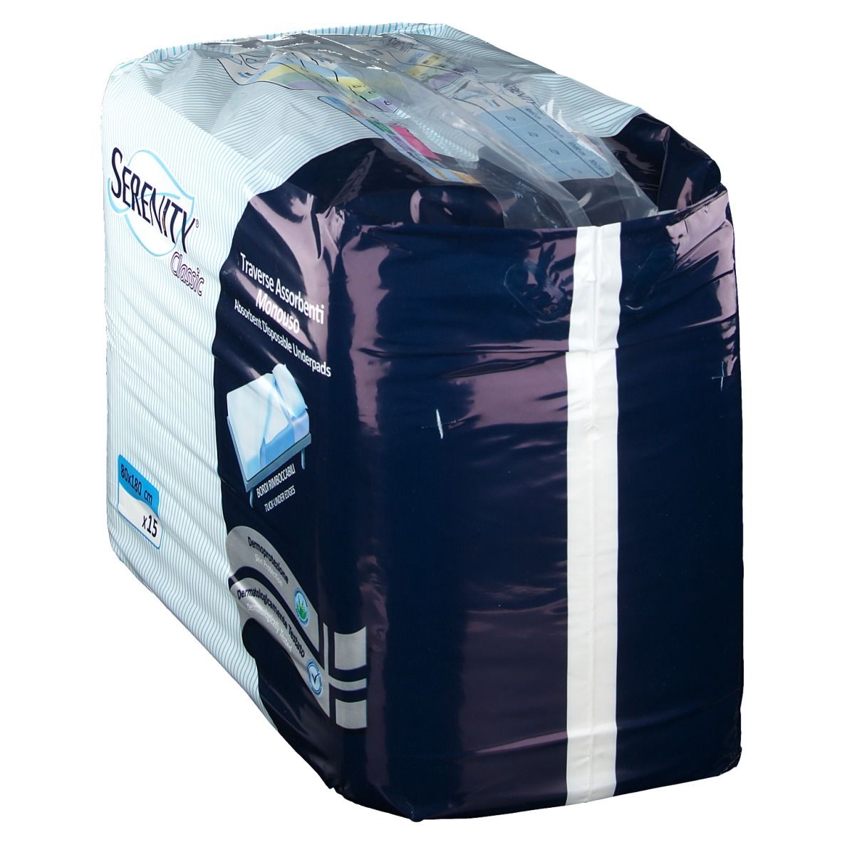 Confezione di traverse Serenity Classic. Imballaggio blu e bianco. Scritte: Serenity Classic, Traverse Assorbenti Monouso.
