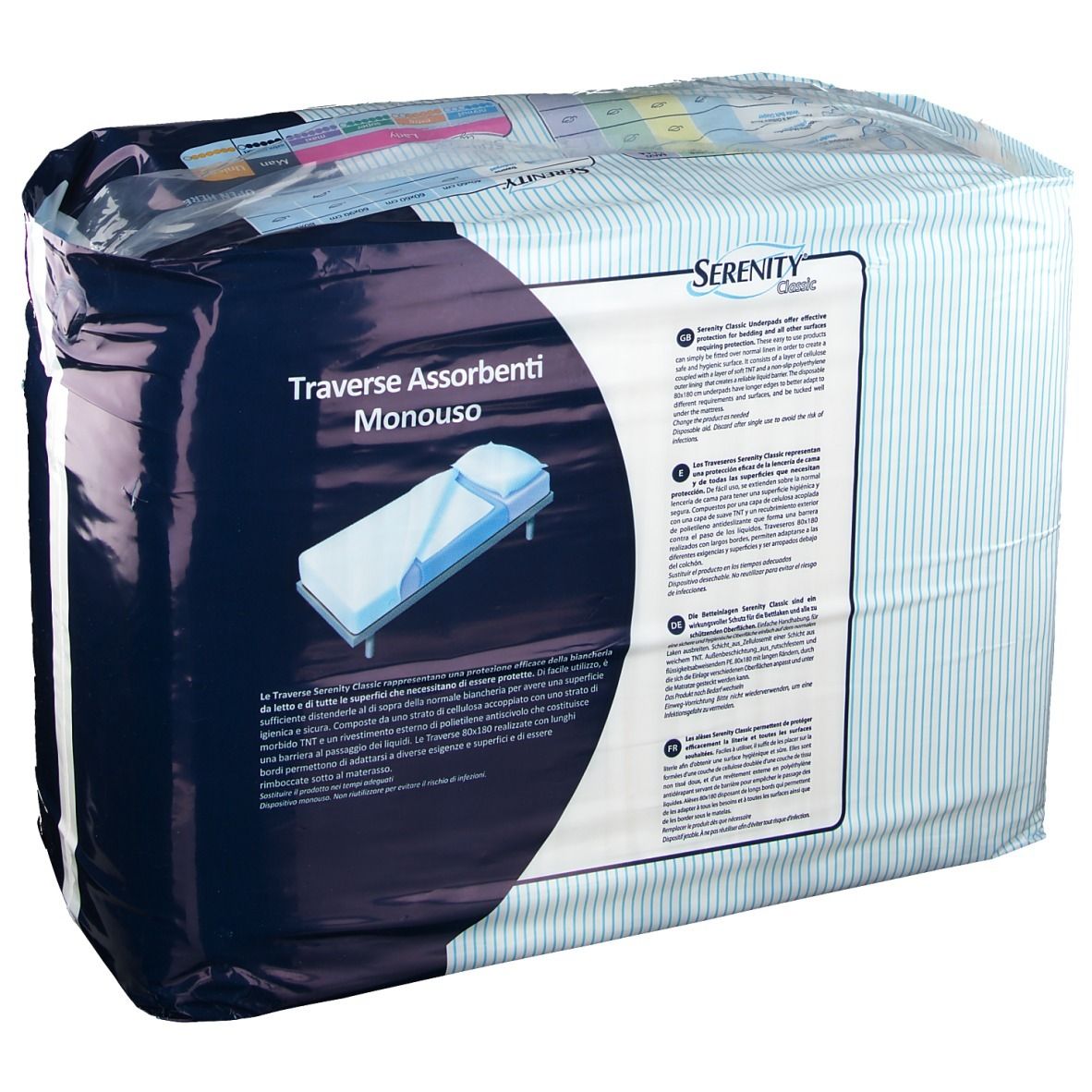 Confezione di traverse Serenity Classic. Scritte: Serenity Classic, Traverse Assorbenti Monouso, immagine di un letto.