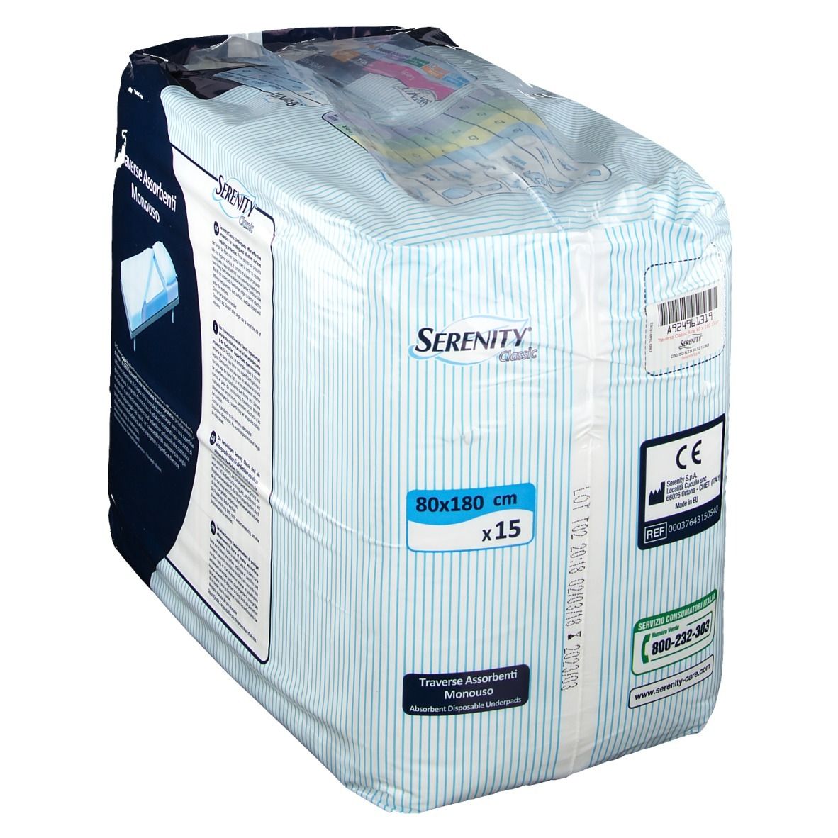 Confezione di traverse Serenity Classic. Dimensioni 80x180cm, 15 pezzi. Scritte: marchio CE, dermatologicamente testato, numero di telefono.