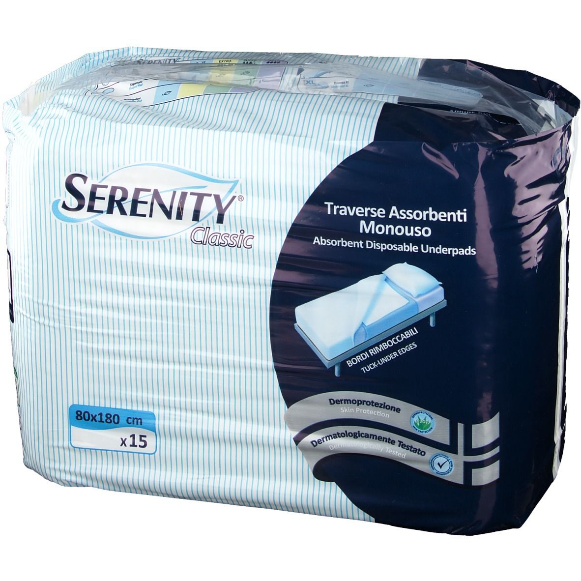 Confezione di traverse Serenity Classic. Dimensioni 80x180cm, 15 pezzi. Scritte: Serenity Classic, Traverse Assorbenti Monouso, dermatologicamente testato.