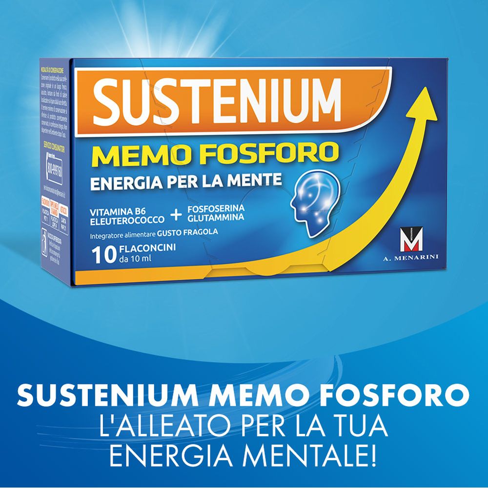 Scatola Sustenium Memo Fosforo. Blu con freccia gialla e nome del prodotto. Contiene 10 flaconcini da 10 ml.