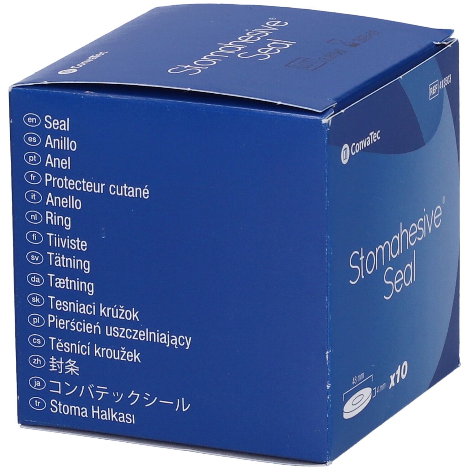 Confezione blu con nome del prodotto e traduzioni. Contiene 10 guarnizioni Stomahesive. Marca: ConvaTec.