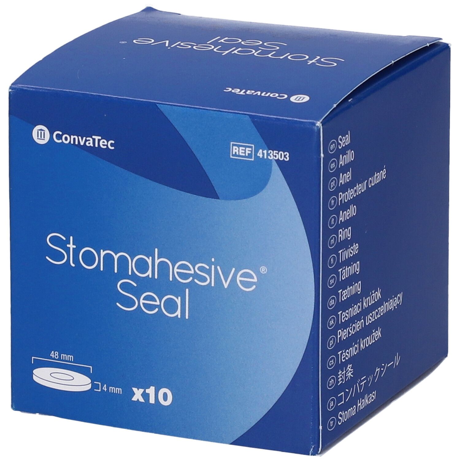Confezione blu con informazioni sul prodotto. Contiene 10 guarnizioni Stomahesive, diametro 48 mm. Marca: ConvaTec.