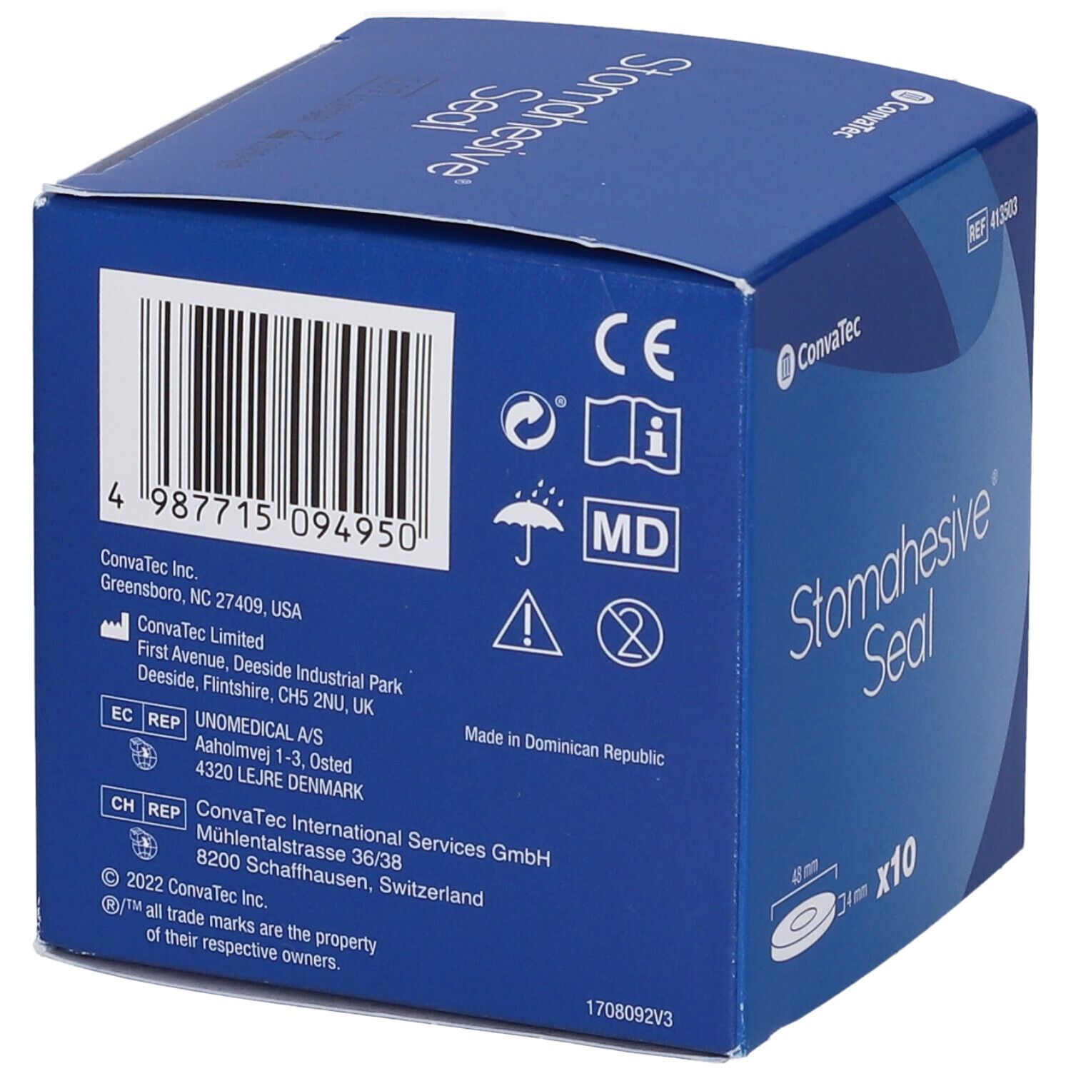 Confezione blu con codice a barre, marchio CE e informazioni sul prodotto. Marca: ConvaTec.