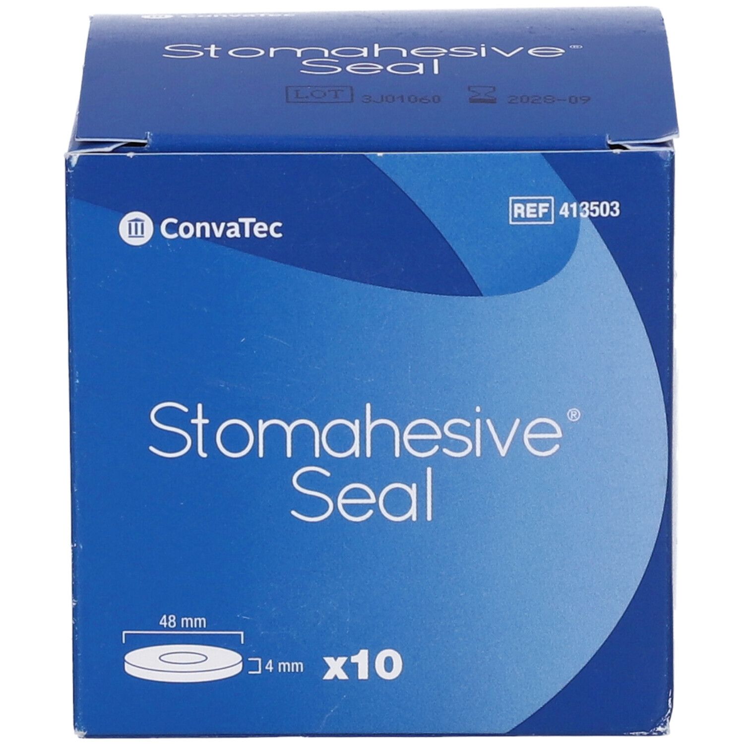 Confezione blu con informazioni sul prodotto. Contiene 10 guarnizioni Stomahesive, diametro 48 mm. Marca: ConvaTec.