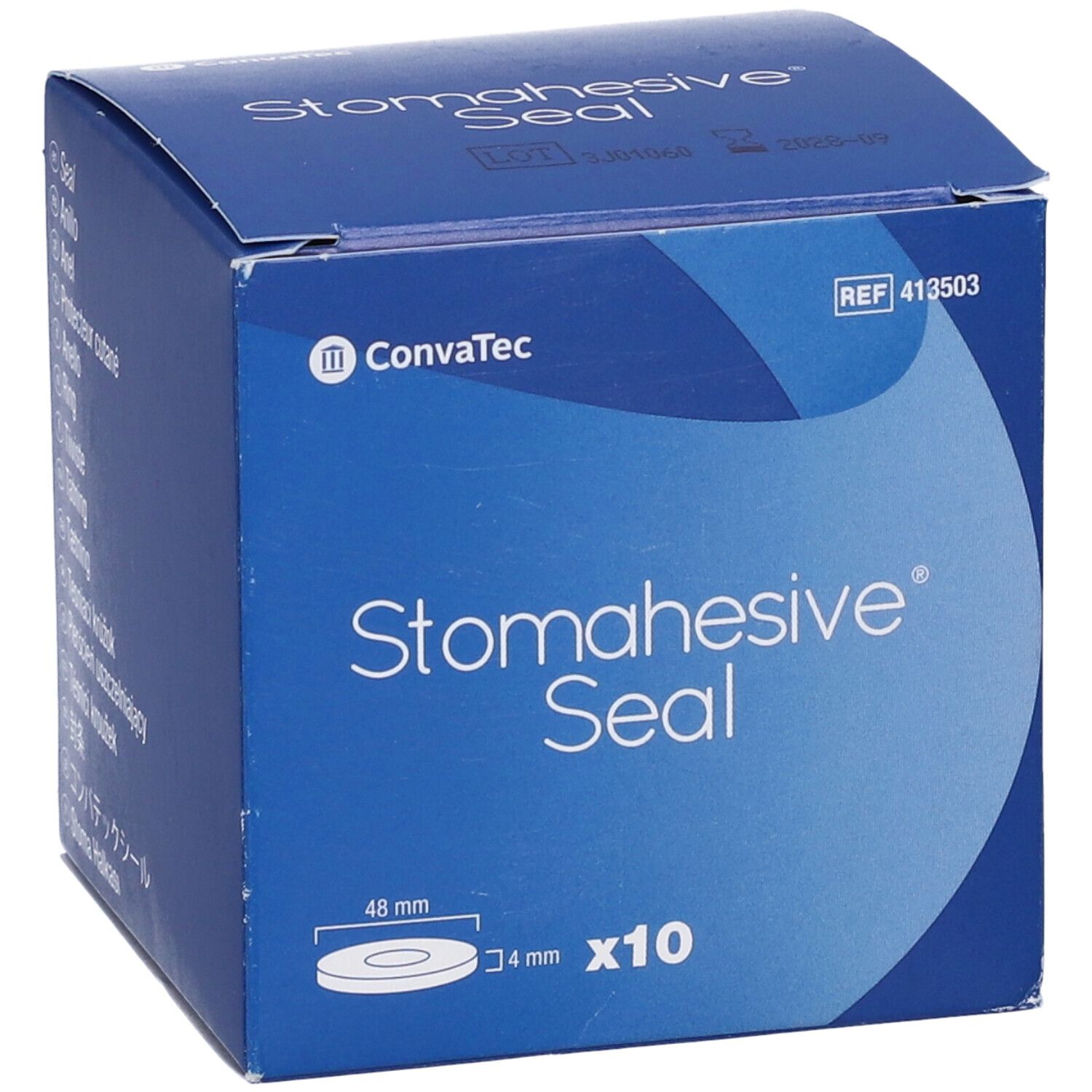 Confezione blu con informazioni sul prodotto. Contiene 10 guarnizioni Stomahesive, diametro 48 mm. Marca: ConvaTec.