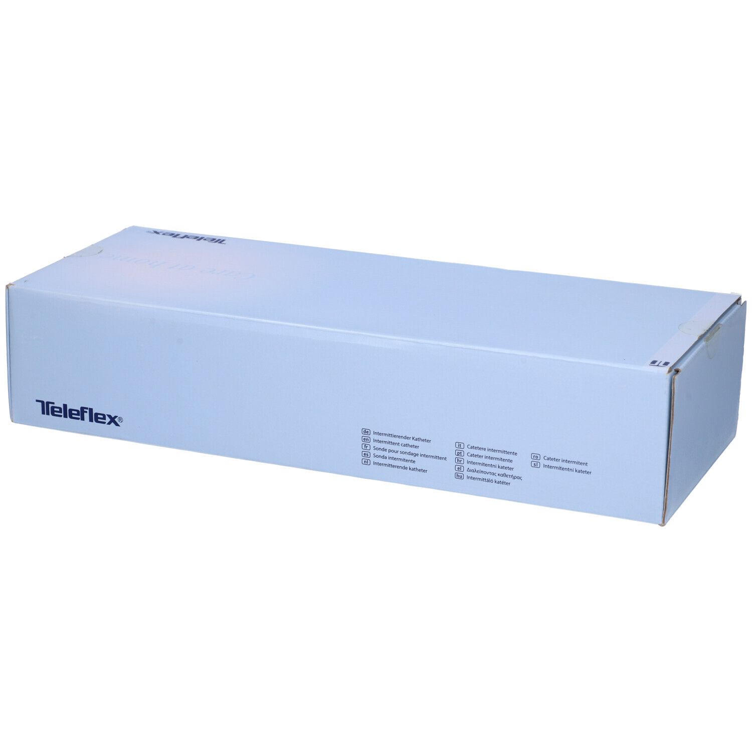 Confezione del prodotto blu chiaro. Sulla confezione è visibile il marchio Teleflex.