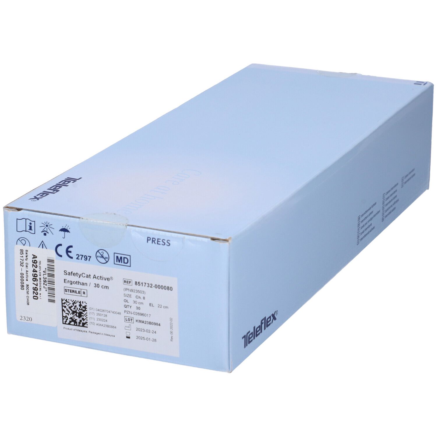 Confezione blu chiaro con informazioni sul prodotto. Il marchio Teleflex è visibile.