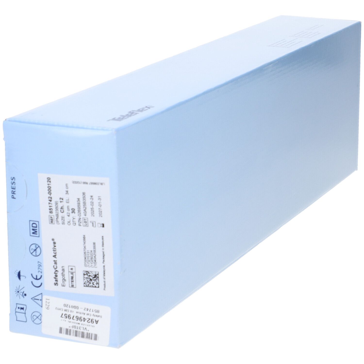 Confezione prodotto azzurra. Scritta Care at home e Teleflex. Forma rettangolare.