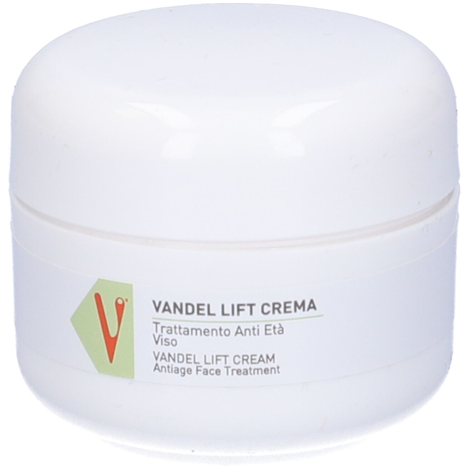 Vaso bianco con scritta: Vandel Lift Crema, trattamento anti-età. Logo verde.