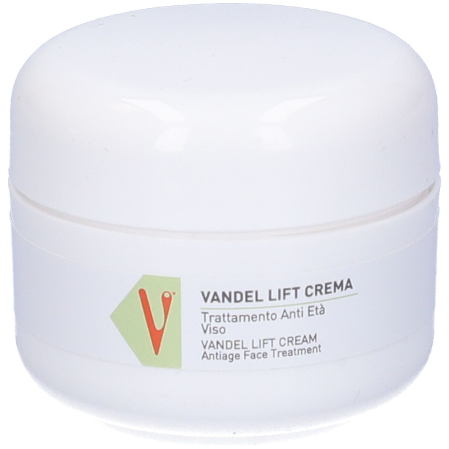 Vaso bianco. Scritta: Vandel Lift Crema, trattamento anti-età. Logo verde.