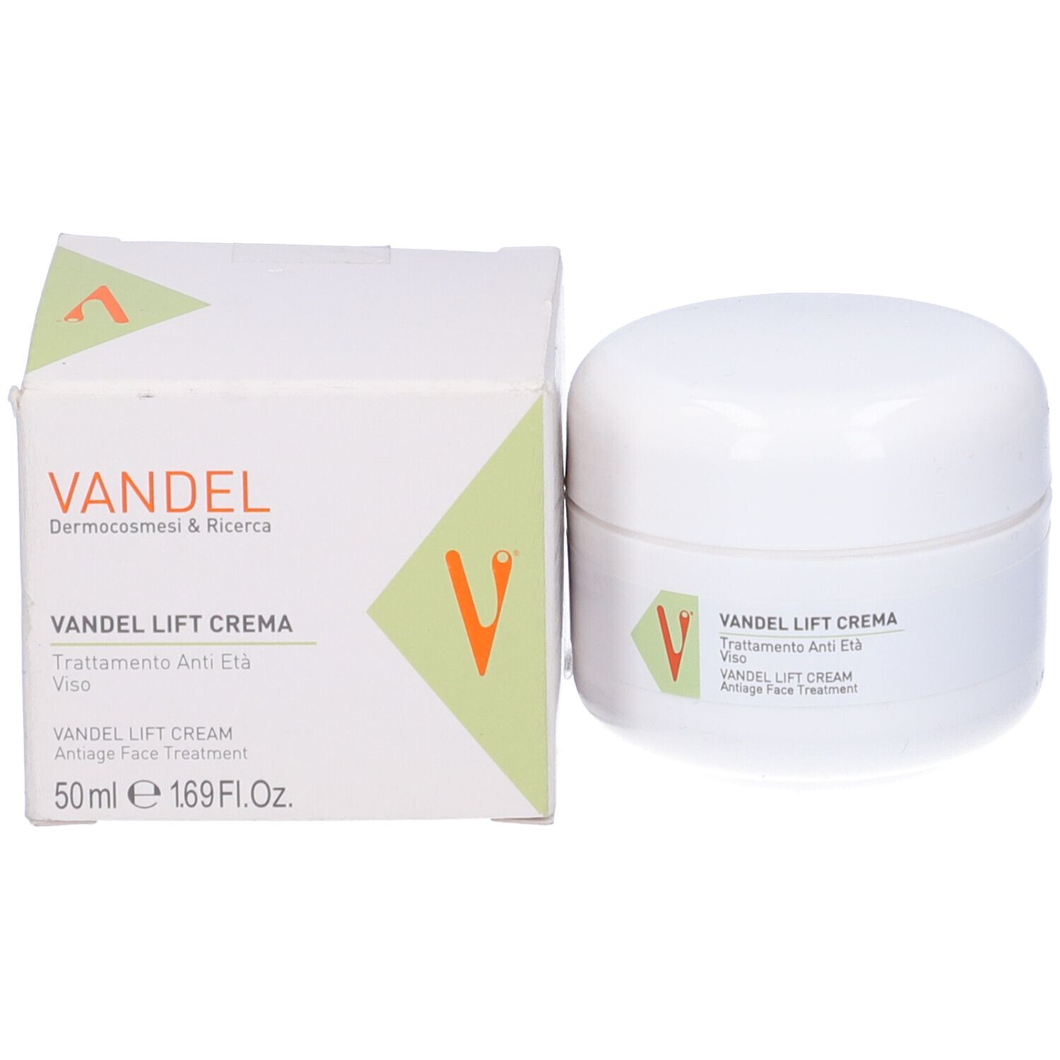 Vaso bianco e scatola bianca. Scritta: Vandel Lift Crema, trattamento anti-età. 50 ml.