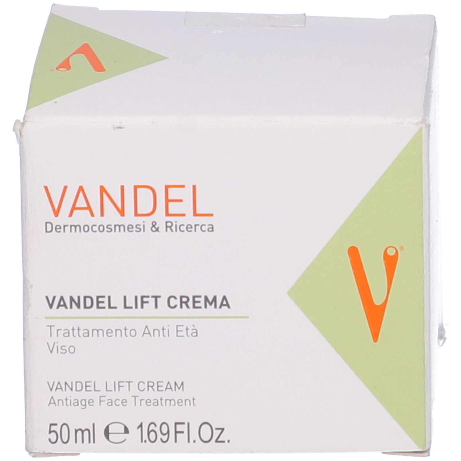 Scatola bianca. Scritta: Vandel Lift Crema, trattamento anti-età. 50 ml.
