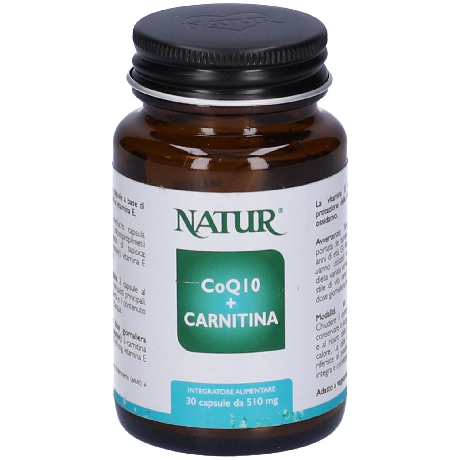Flacone di vetro marrone con coperchio nero. Scritta: CoQ10 + Carnitina. Marchio: Natur. 30 capsule.