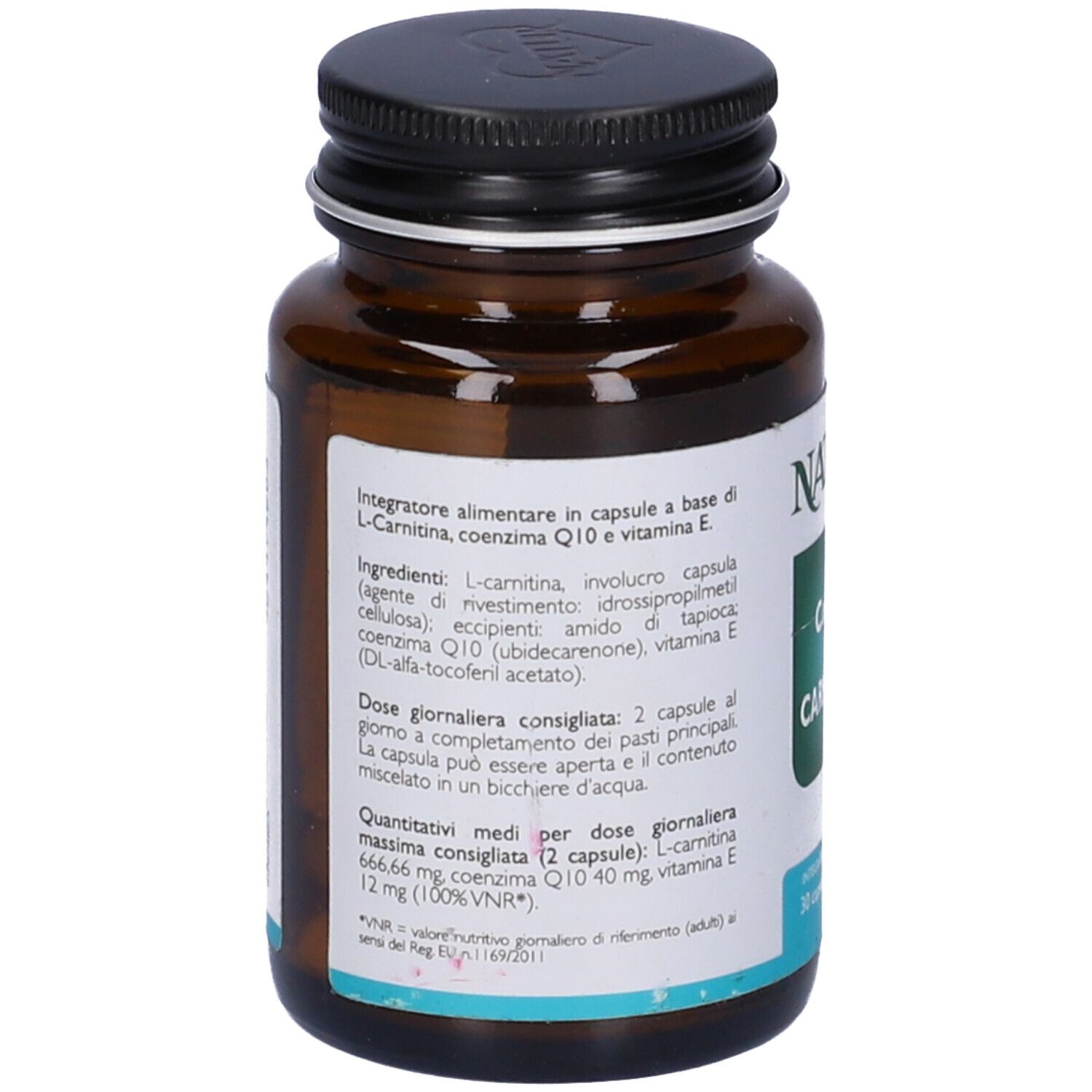 Flacone di vetro marrone con coperchio nero. Scritta: CoQ10 + Carnitina. Marchio: Natur. Elenco ingredienti.