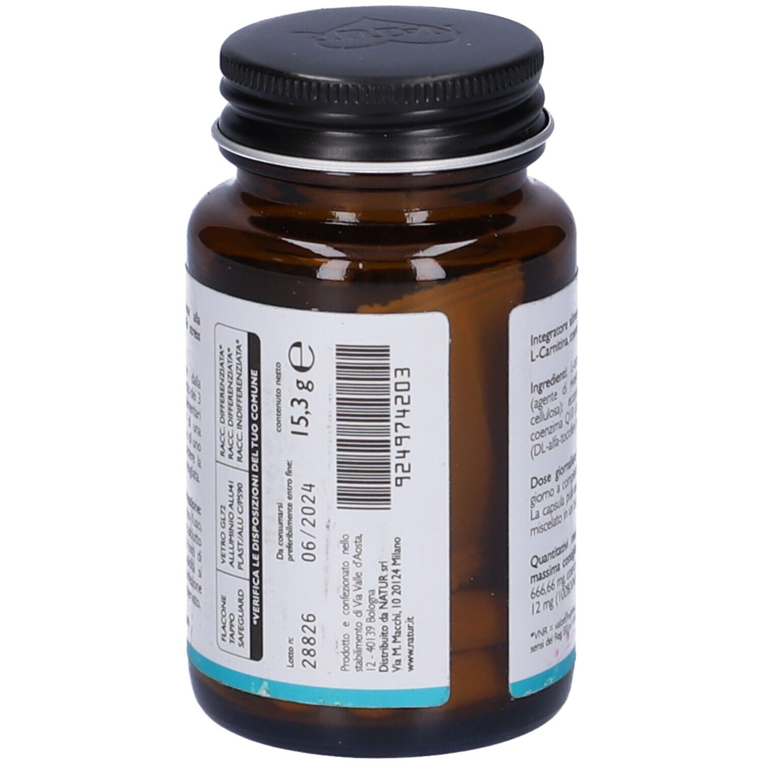 Flacone di vetro marrone con coperchio nero. Scritta: CoQ10 + Carnitina. Marchio: Natur. Informazioni.
