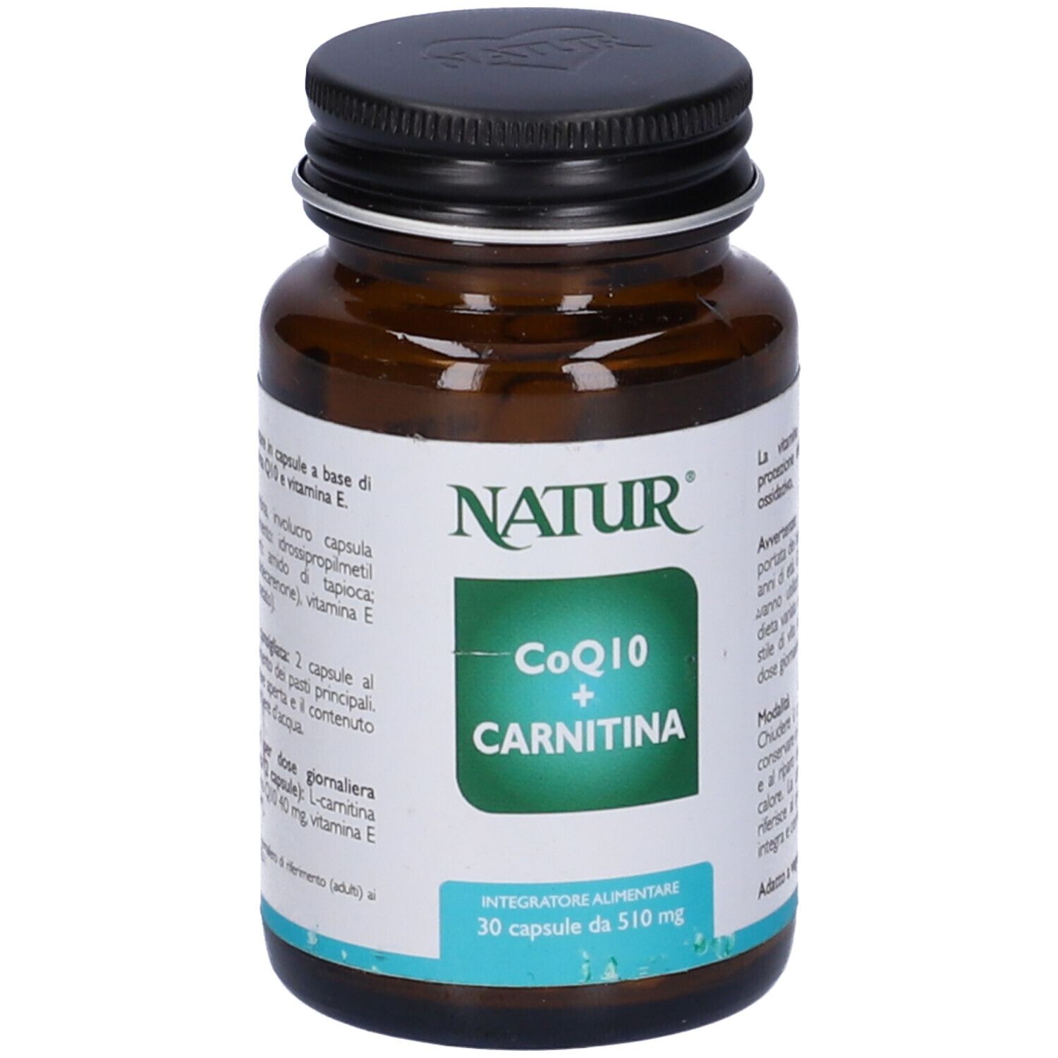 Flacone di vetro marrone con coperchio nero. Scritta: CoQ10 + Carnitina. Marchio: Natur. 30 capsule.