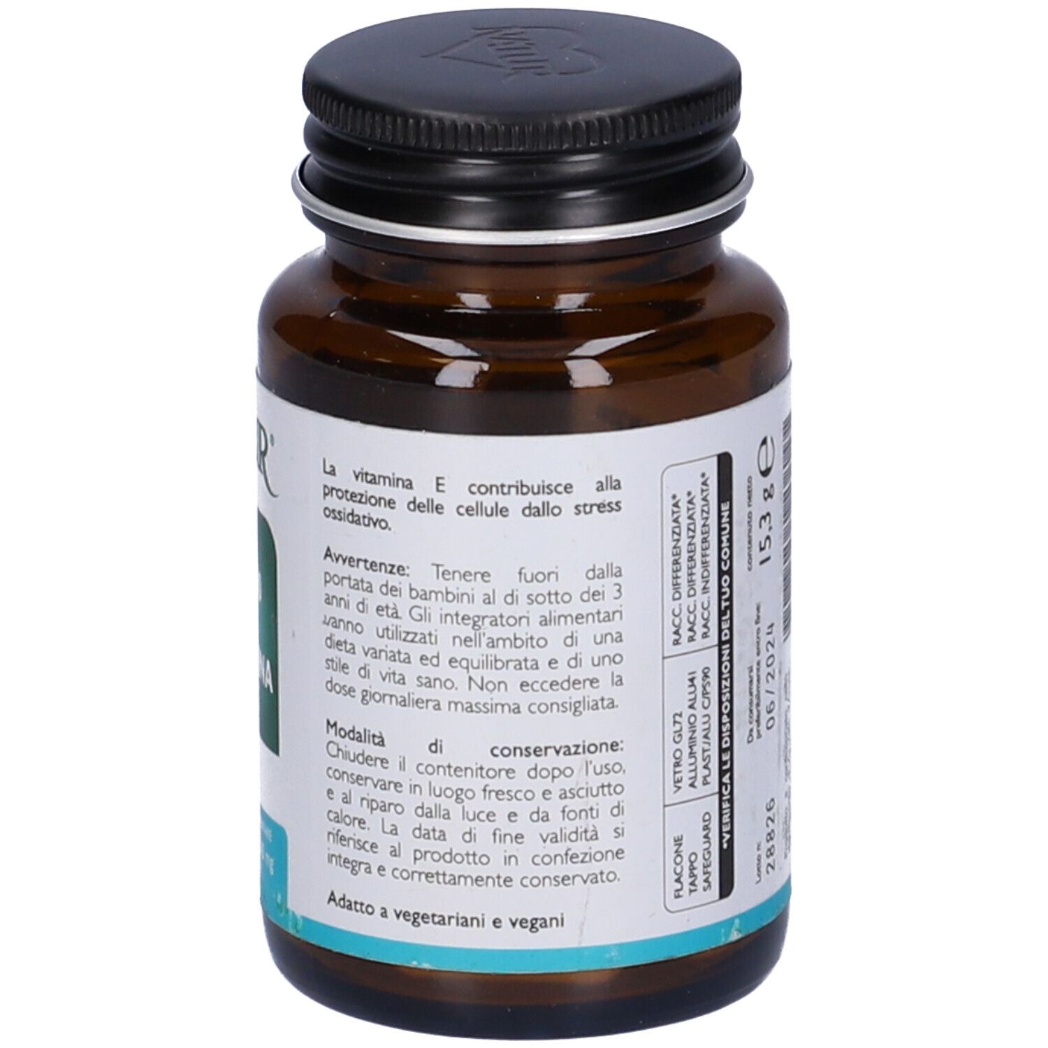 Flacone di vetro marrone con coperchio nero. Scritta: CoQ10 + Carnitina. Marchio: Natur. Informazioni.