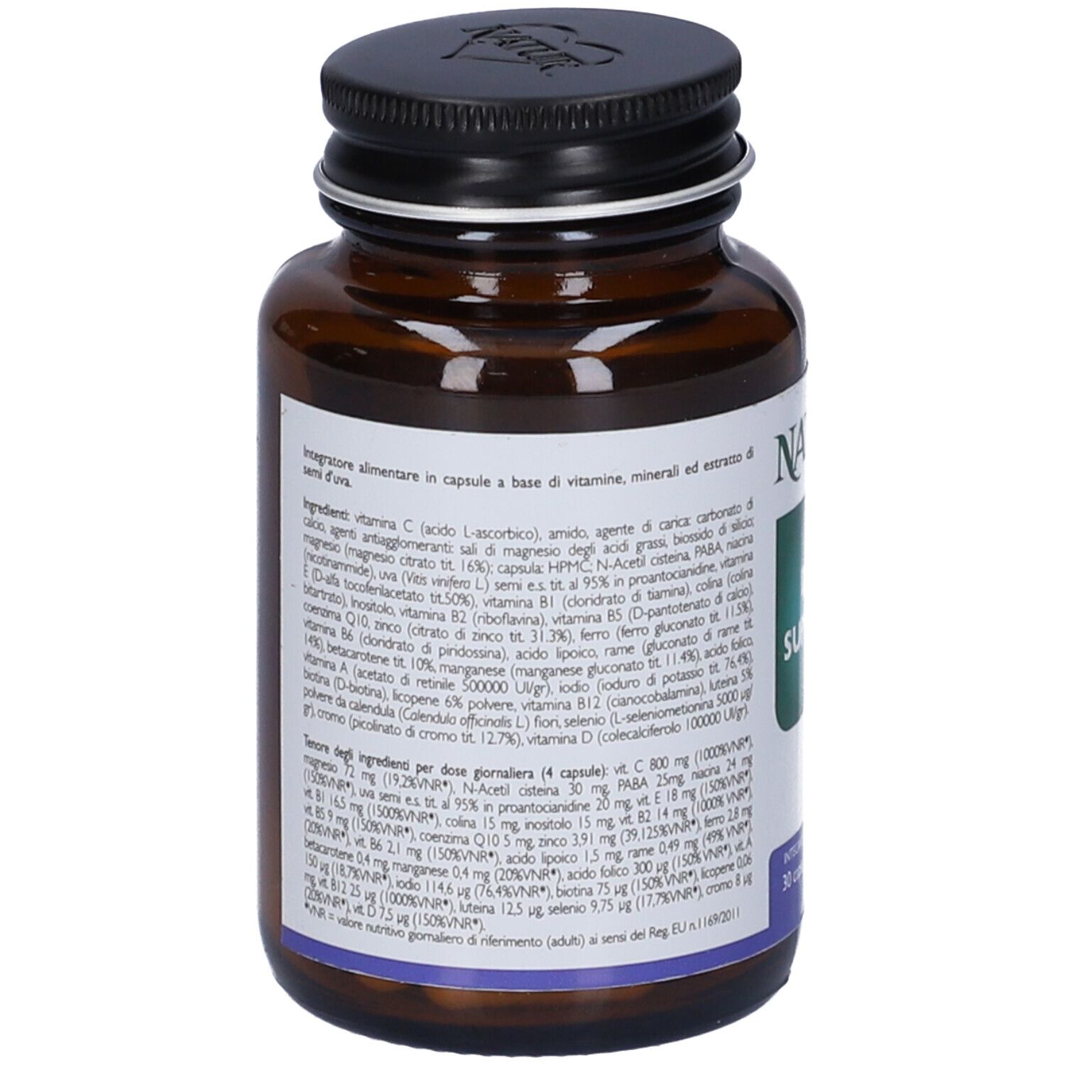 Flacone di vetro marrone. Etichetta con ingredienti e informazioni nutrizionali. Testo in italiano.