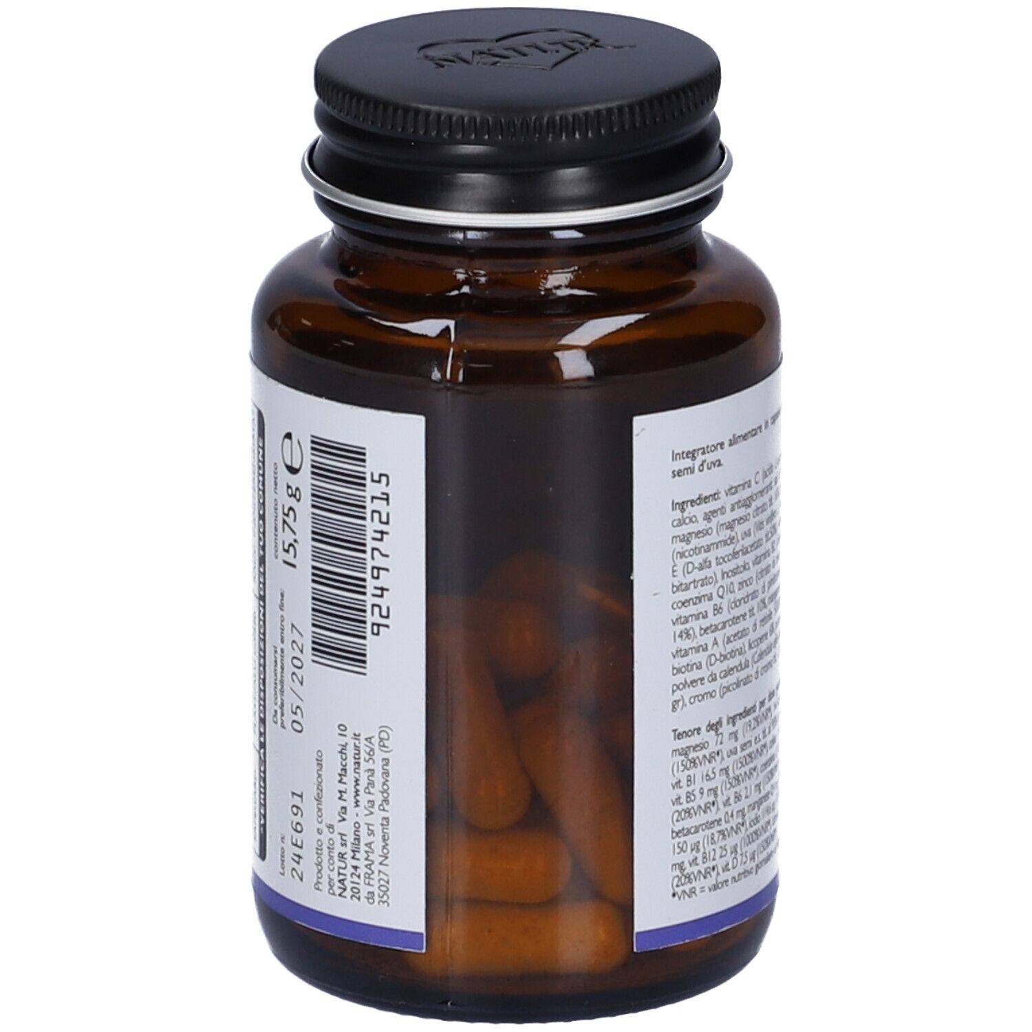 Flacone di vetro marrone con tappo nero. Capsule visibili. Etichetta con numero di lotto e data di scadenza.