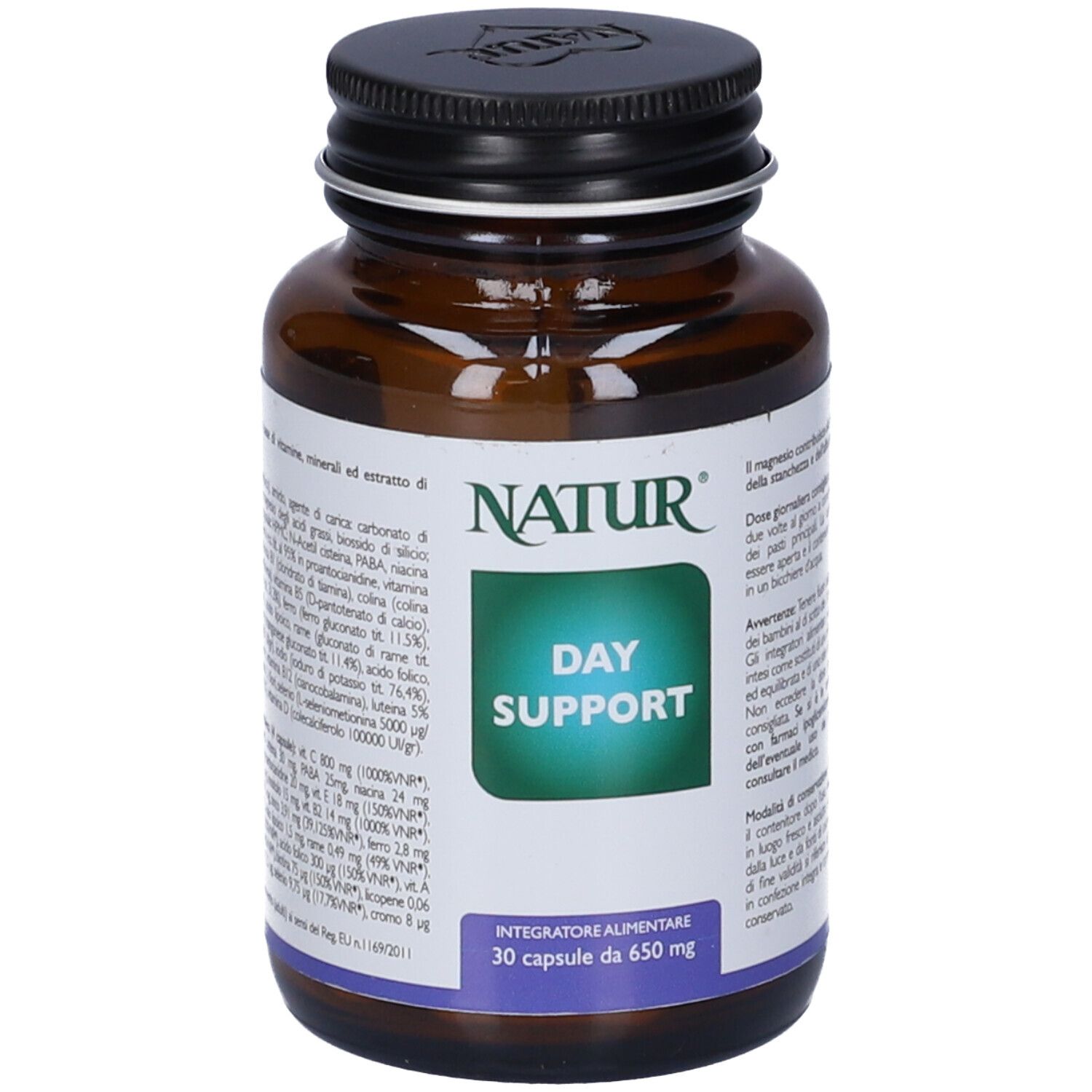 Flacone di vetro marrone con tappo nero. Etichetta "NATUR" e "DAY SUPPORT". 30 capsule, 650 mg.
