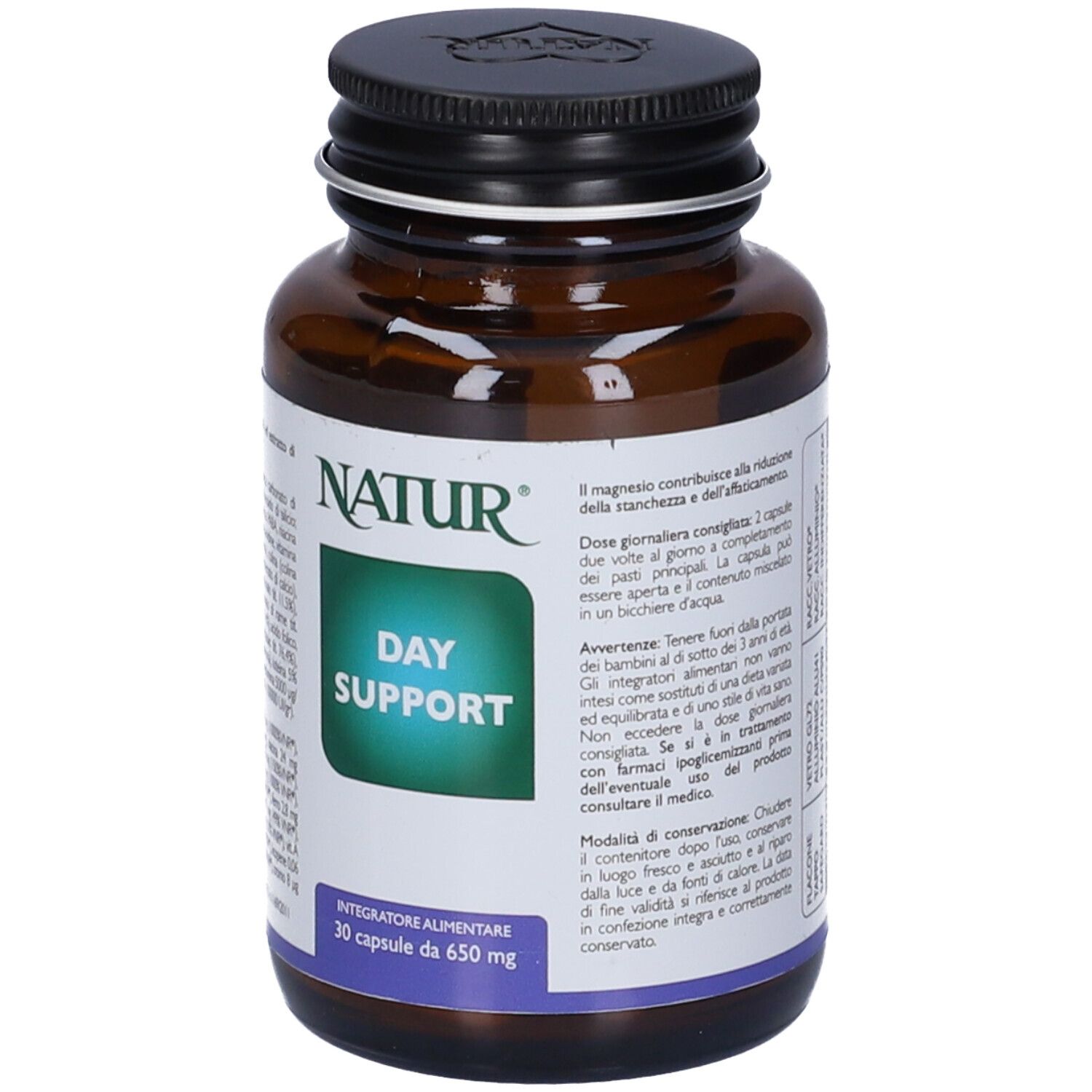 Flacone di vetro marrone con tappo nero. Etichetta con testo in italiano. "DAY SUPPORT" visibile.