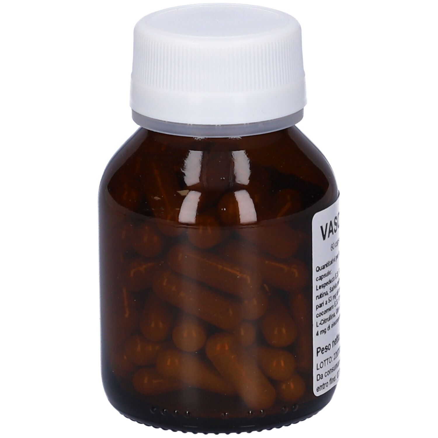 Flacone di vetro marrone con tappo bianco, pieno di capsule marroni. Informazioni sul prodotto sull'etichetta.