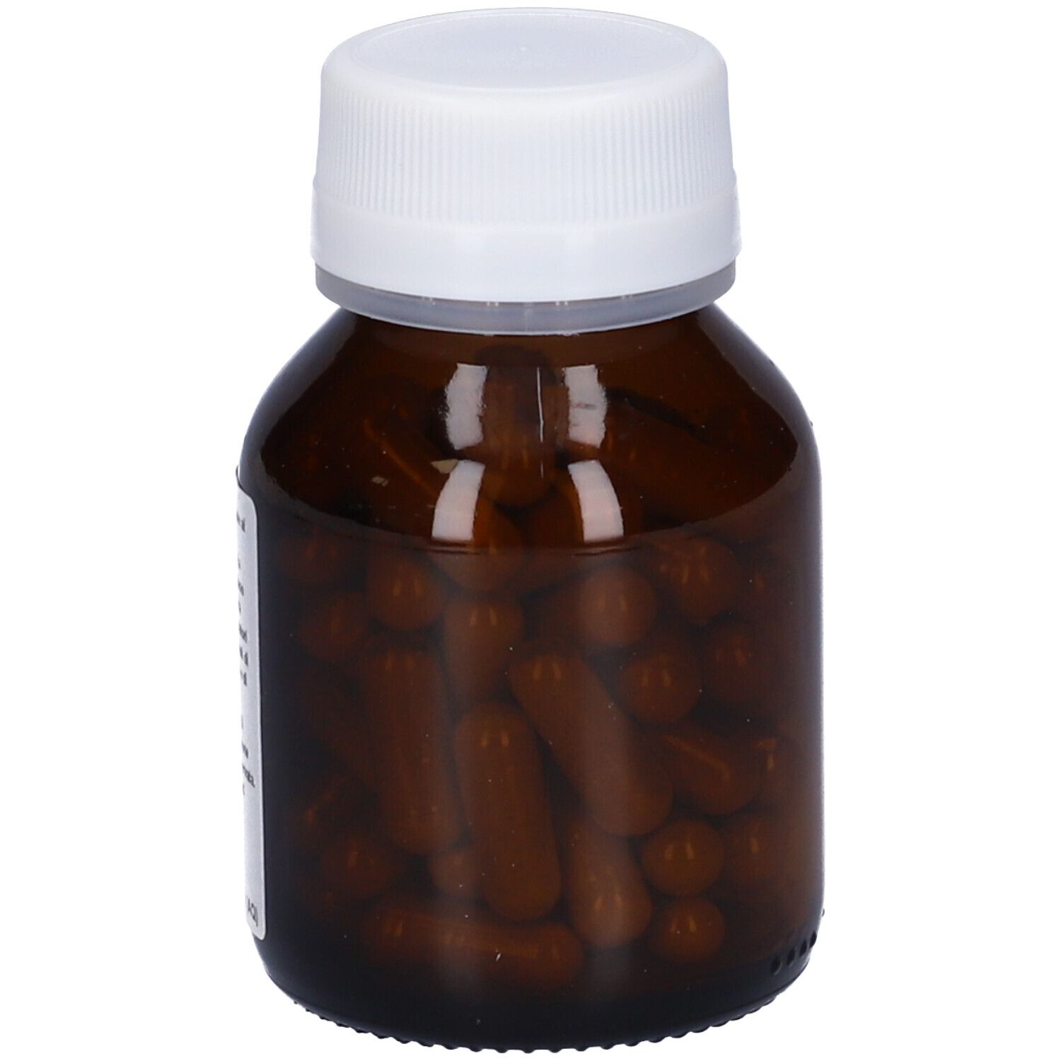 Flacone di vetro marrone con tappo bianco. Pieno di capsule marroni. Etichetta con informazioni sul prodotto.