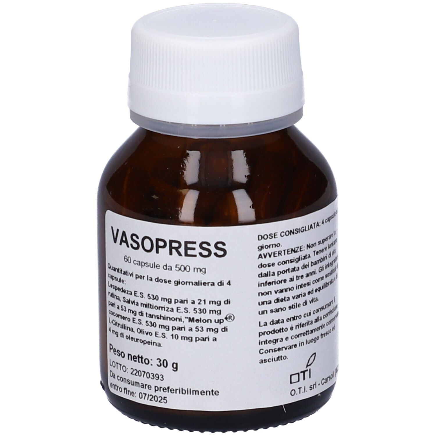 Flacone di vetro marrone con tappo bianco. Scritta: Vasopress 60 Cps. Etichetta con informazioni sul prodotto.