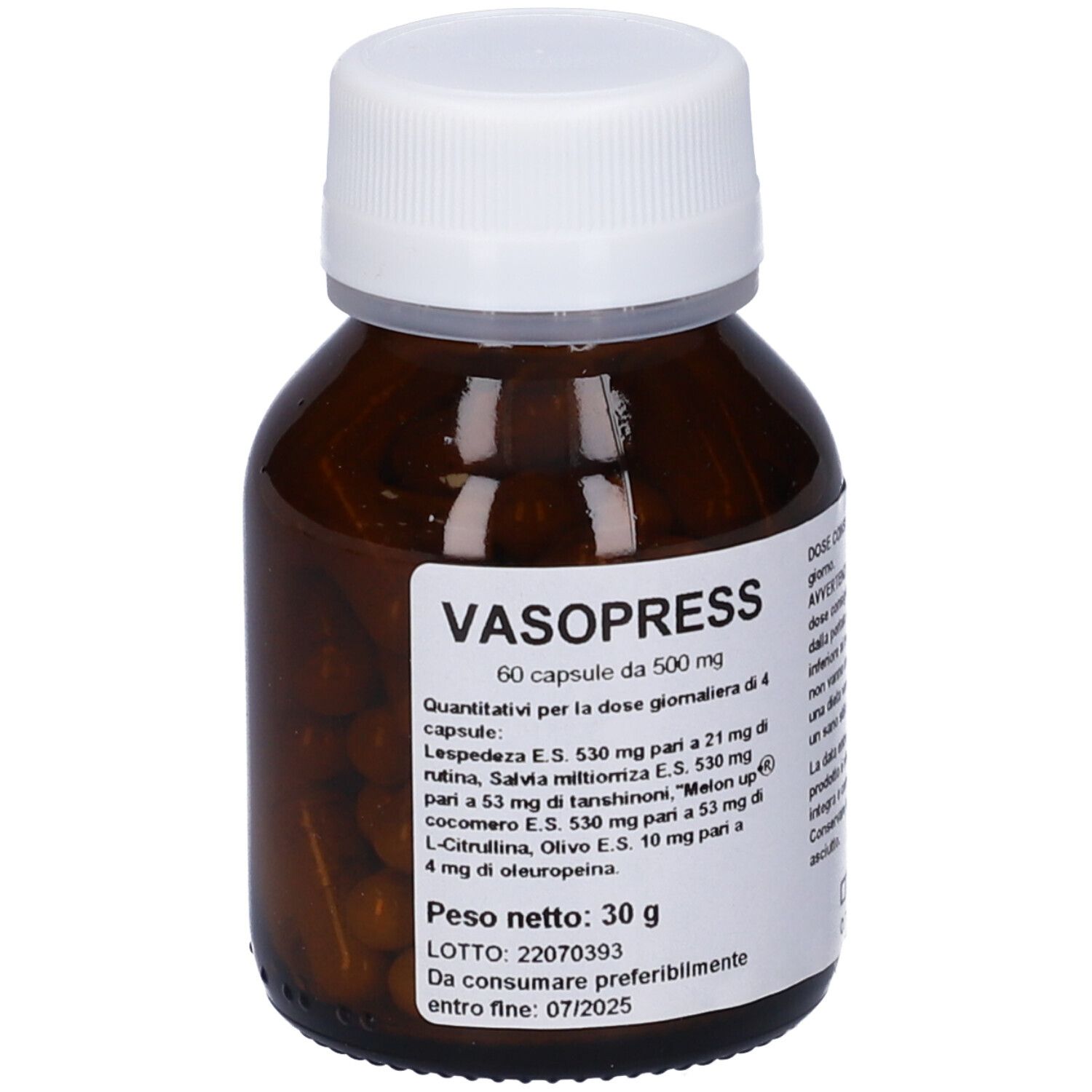 Flacone di vetro marrone con tappo bianco. Scritta: Vasopress 60 Cps. Etichetta con informazioni sul prodotto.