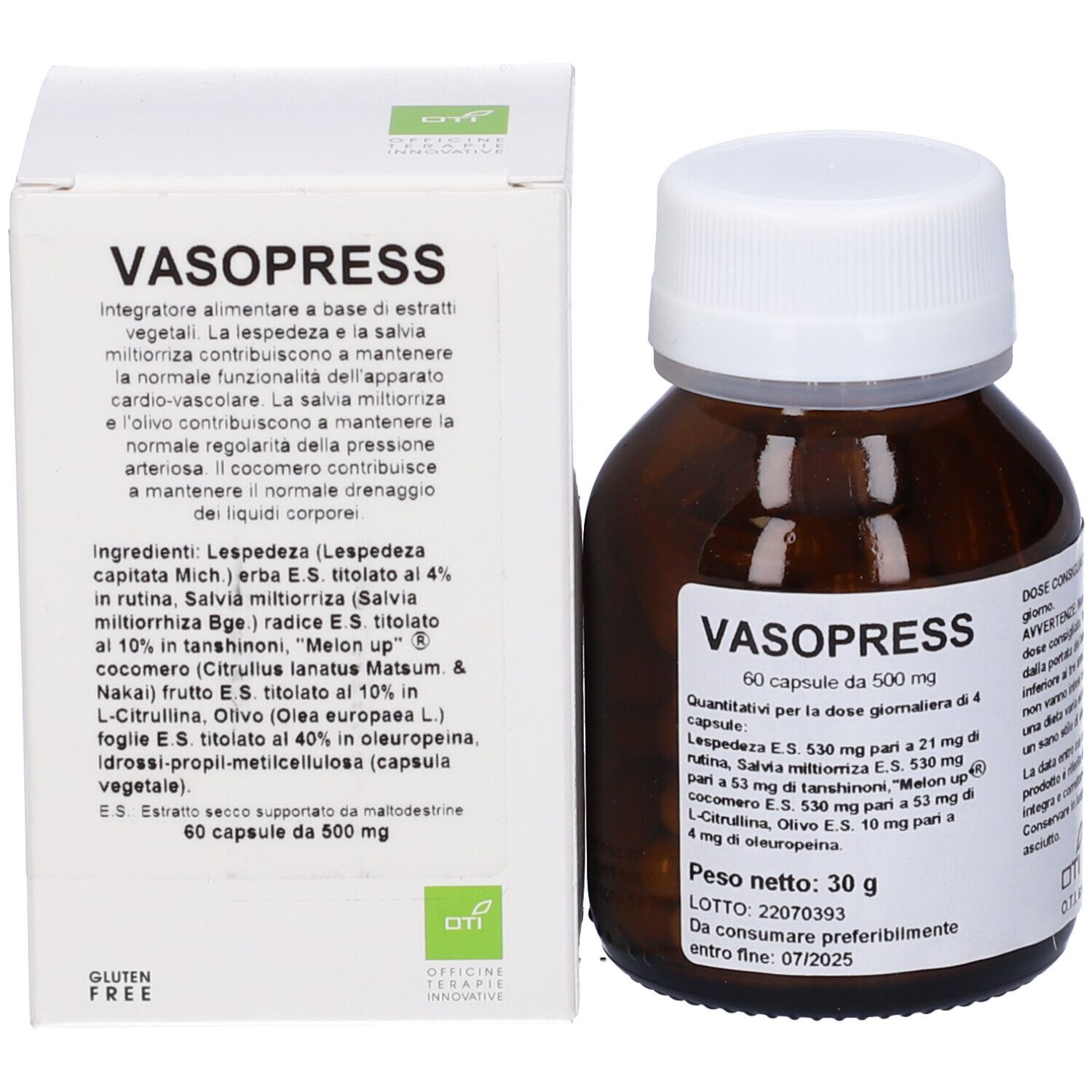 Flacone di vetro marrone e scatola bianca. Scritta: Vasopress. Informazioni sul prodotto su entrambi.