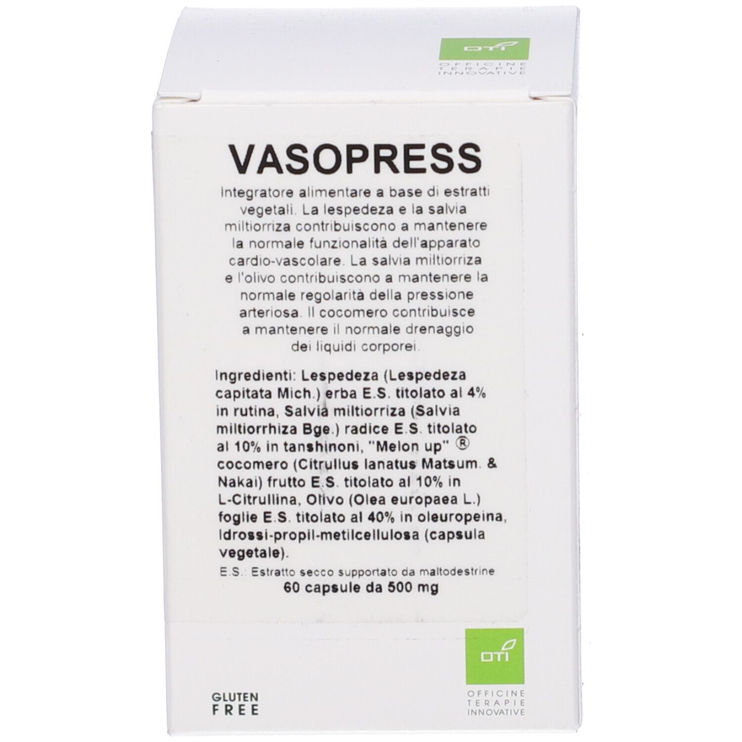 Scatola bianca con informazioni sul prodotto. Scritta: Vasopress. Simbolo senza glutine.