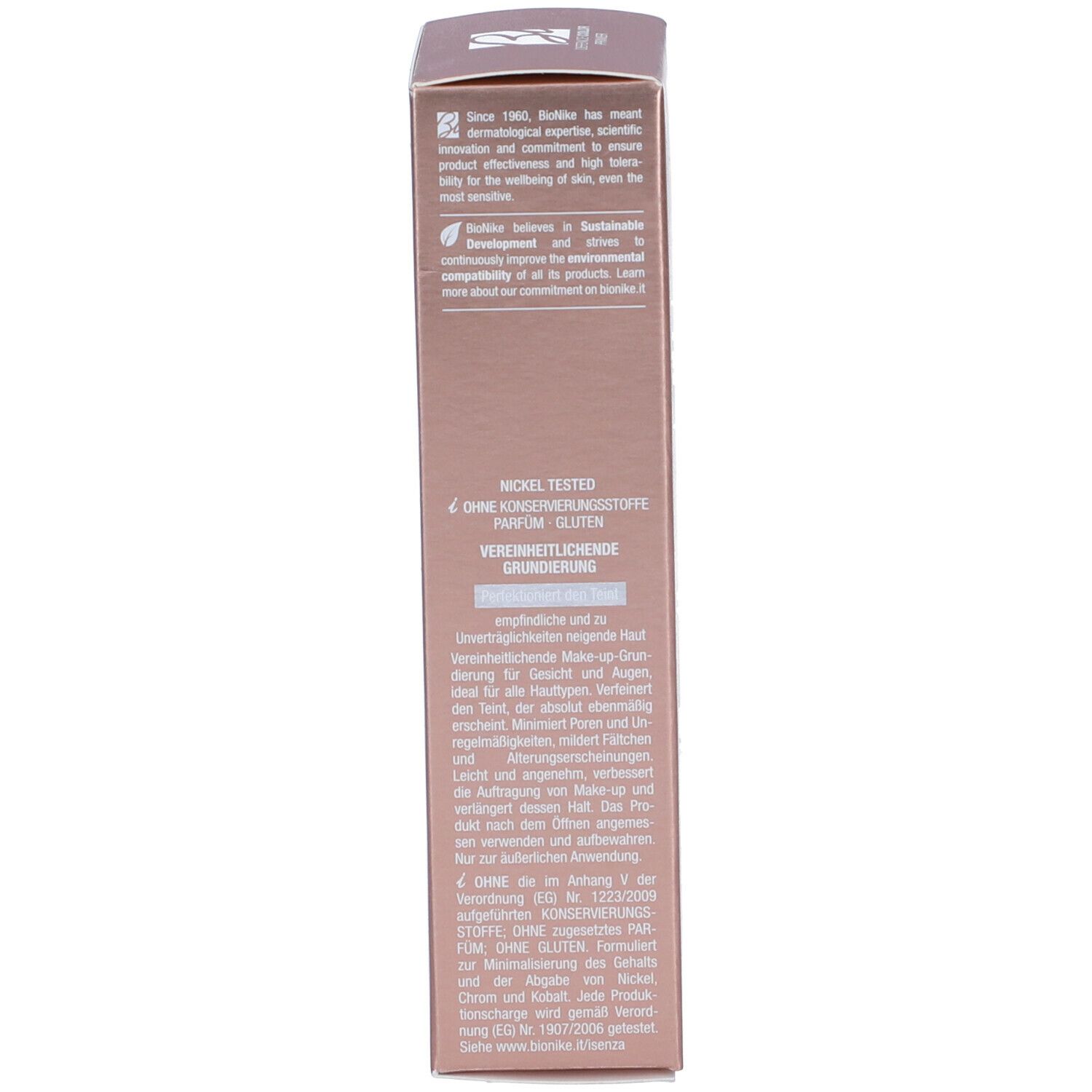 Lato della confezione del prodotto. Testo in italiano. Scritta: Nickel Tested, senza conservanti, profumo, glutine.