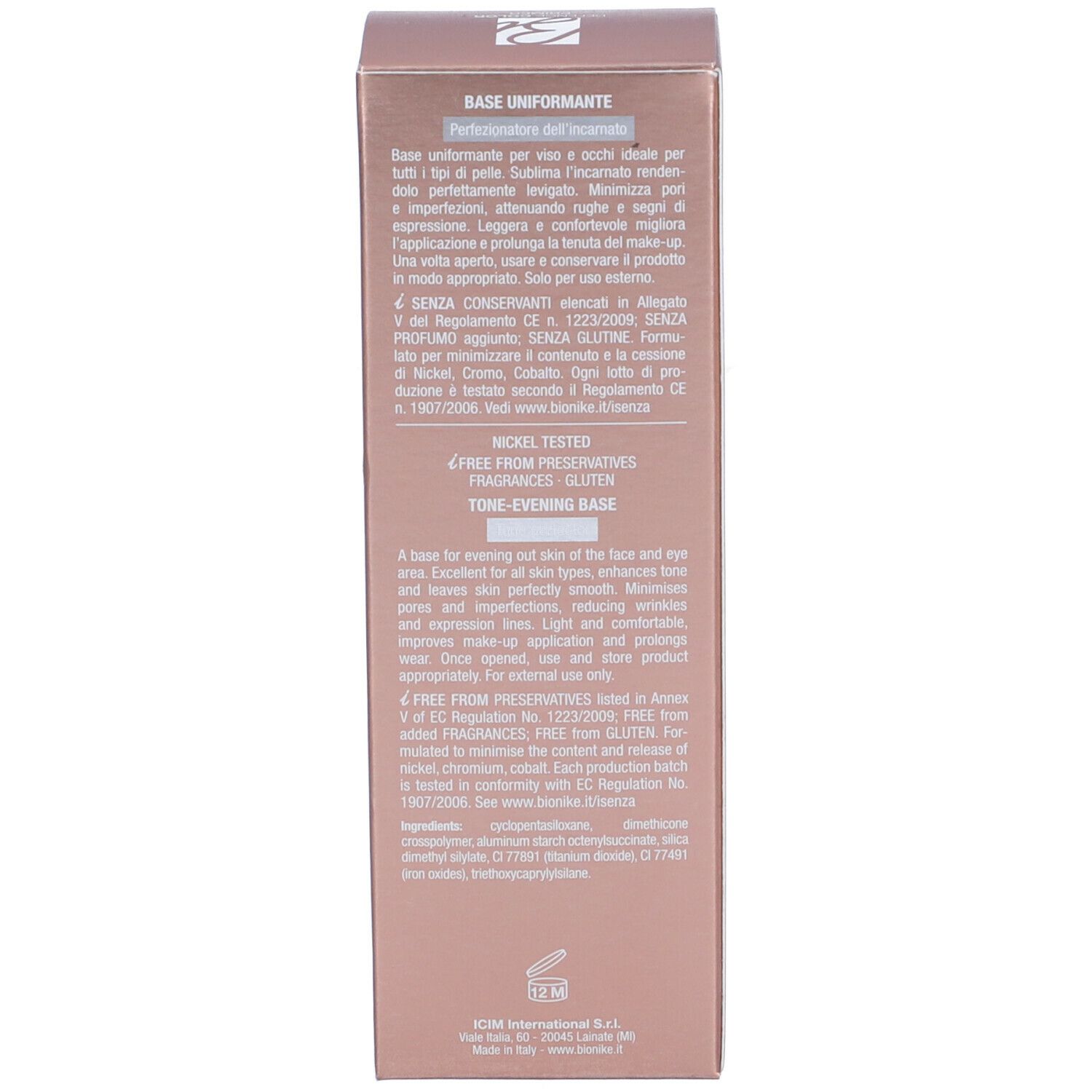 Lato della confezione del prodotto. Testo in italiano e inglese. Scritta: Nickel Tested, senza conservanti, profumo, glutine.