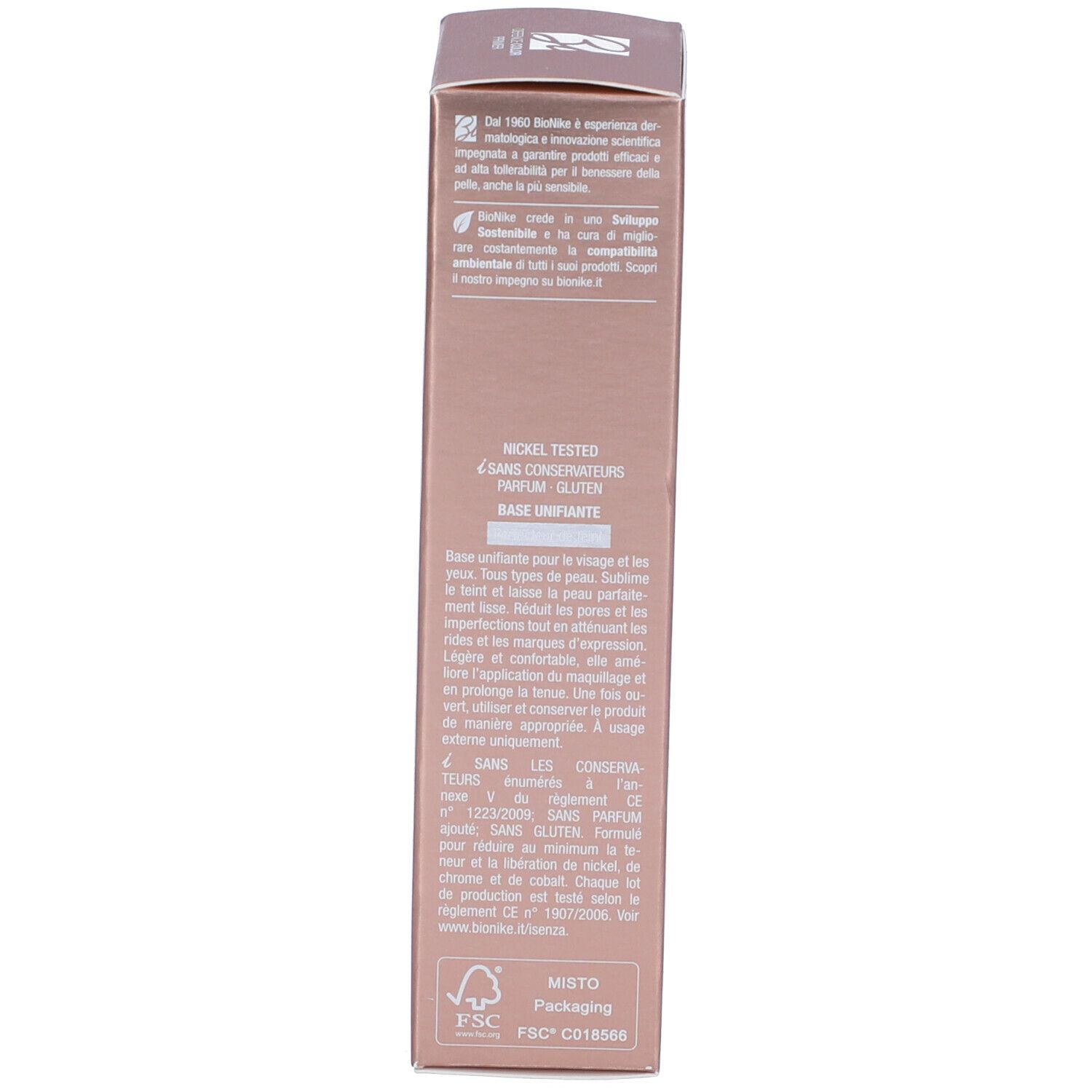Lato della confezione del prodotto. Testo in italiano. Logo FSC. Scritta: Nickel Tested, senza conservanti, profumo, glutine.