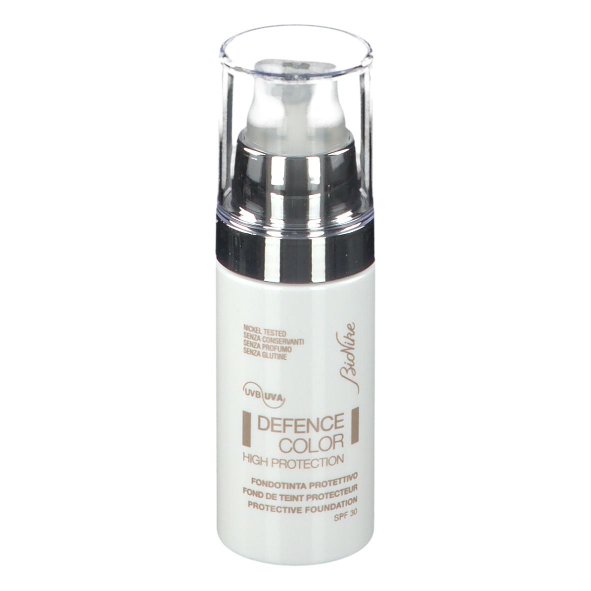 Flacone bianco con dosatore. Scritta: DEFENCE COLOR, HIGH PROTECTION, Protective Foundation, SPF 30. Marchio: BioNike.