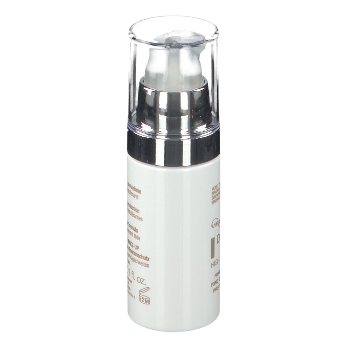 Flacone bianco con dosatore. Scritta: DEFENCE COLOR, Protective Foundation, SPF 30. Marchio: BioNike. Retro con testo.