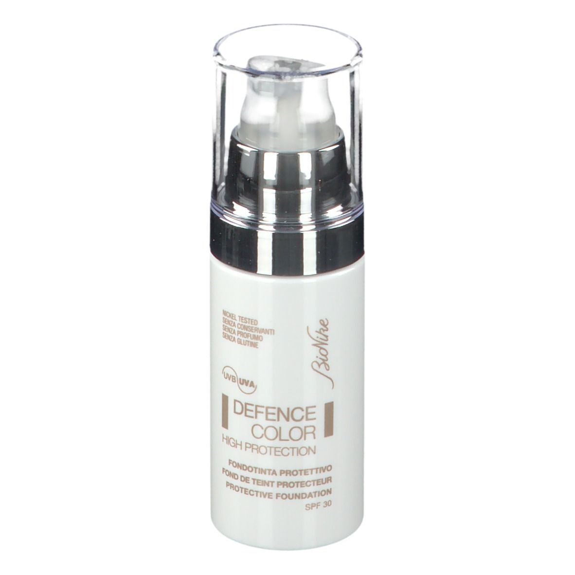 Flacone bianco con dosatore. Scritta: DEFENCE COLOR, Protective Foundation, SPF 30. Marchio: BioNike. Retro con testo.