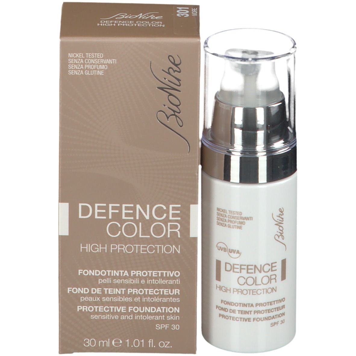 Confezione del prodotto con flacone. Scritta: DEFENCE COLOR, Protective Foundation, SPF 30. Marchio: BioNike. 30 ml.