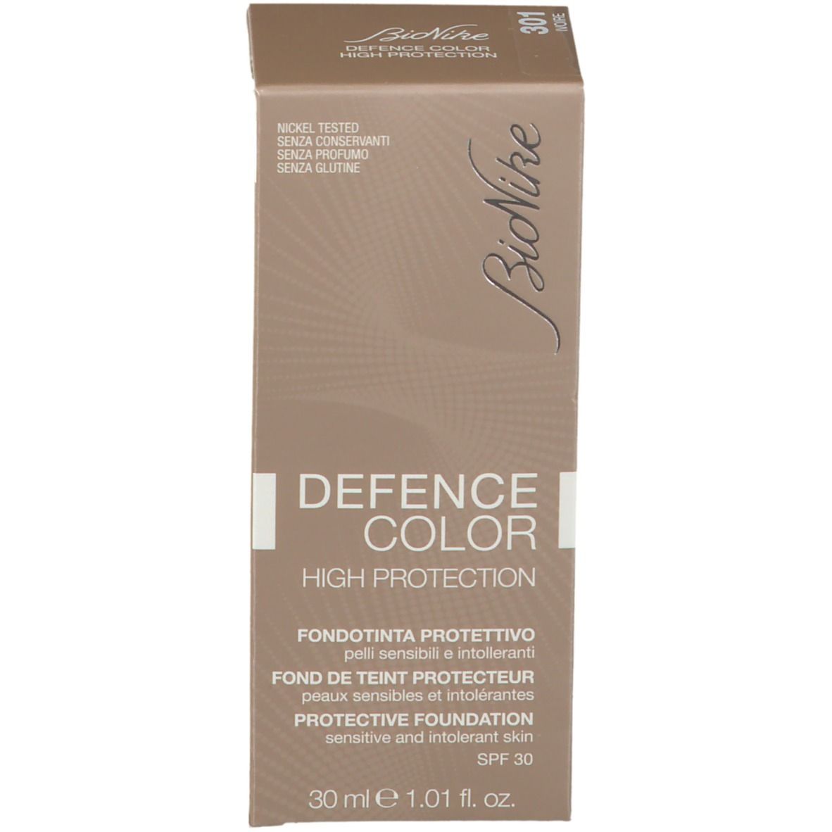 Confezione del prodotto. Scritta: DEFENCE COLOR, Protective Foundation, SPF 30. Marchio: BioNike. 30 ml.