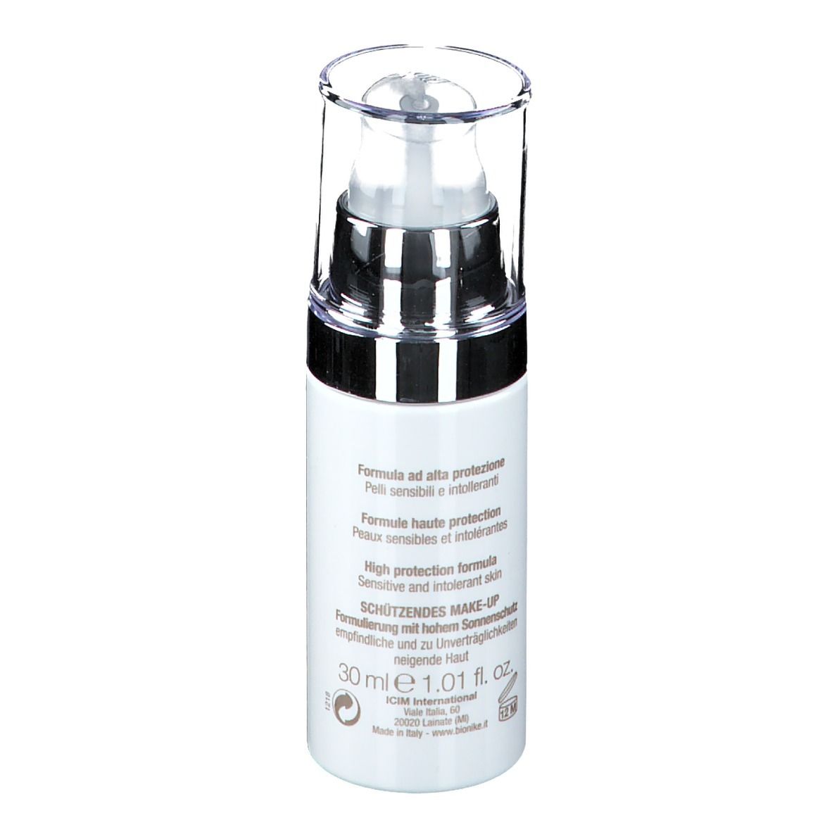 Flacone bianco con dosatore e tappo trasparente. Testo in italiano e tedesco. Volume: 30 ml.