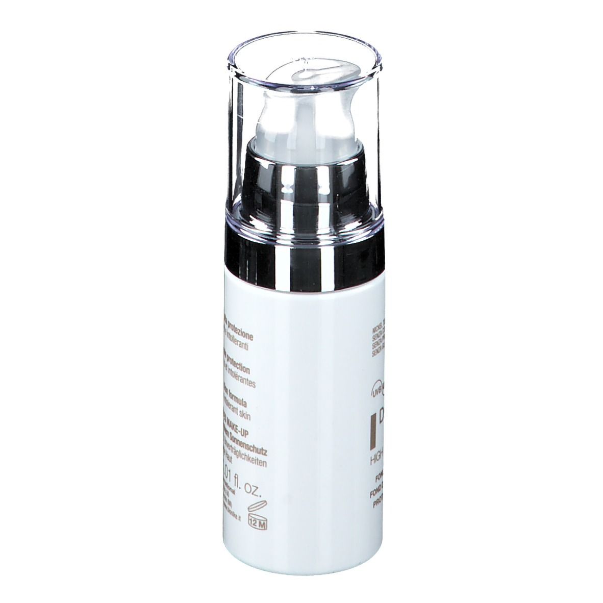 Flacone bianco con dosatore e tappo trasparente. Testo in italiano. Volume: 30 ml.