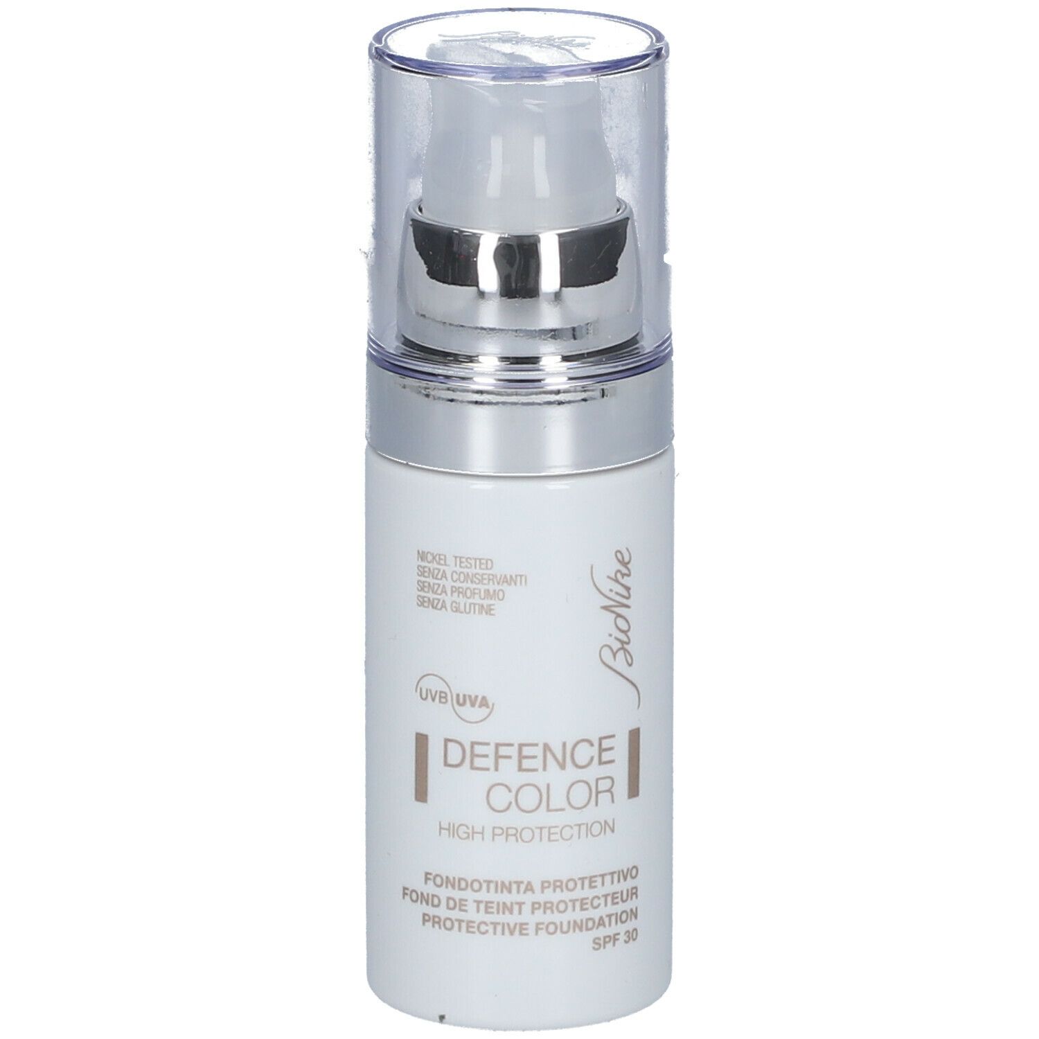 BioNike DEFENCE COLOR PRIMER. Flacone bianco con dosatore a pompa. Testo: DEFENCE COLOR, High Protection, SPF 30.