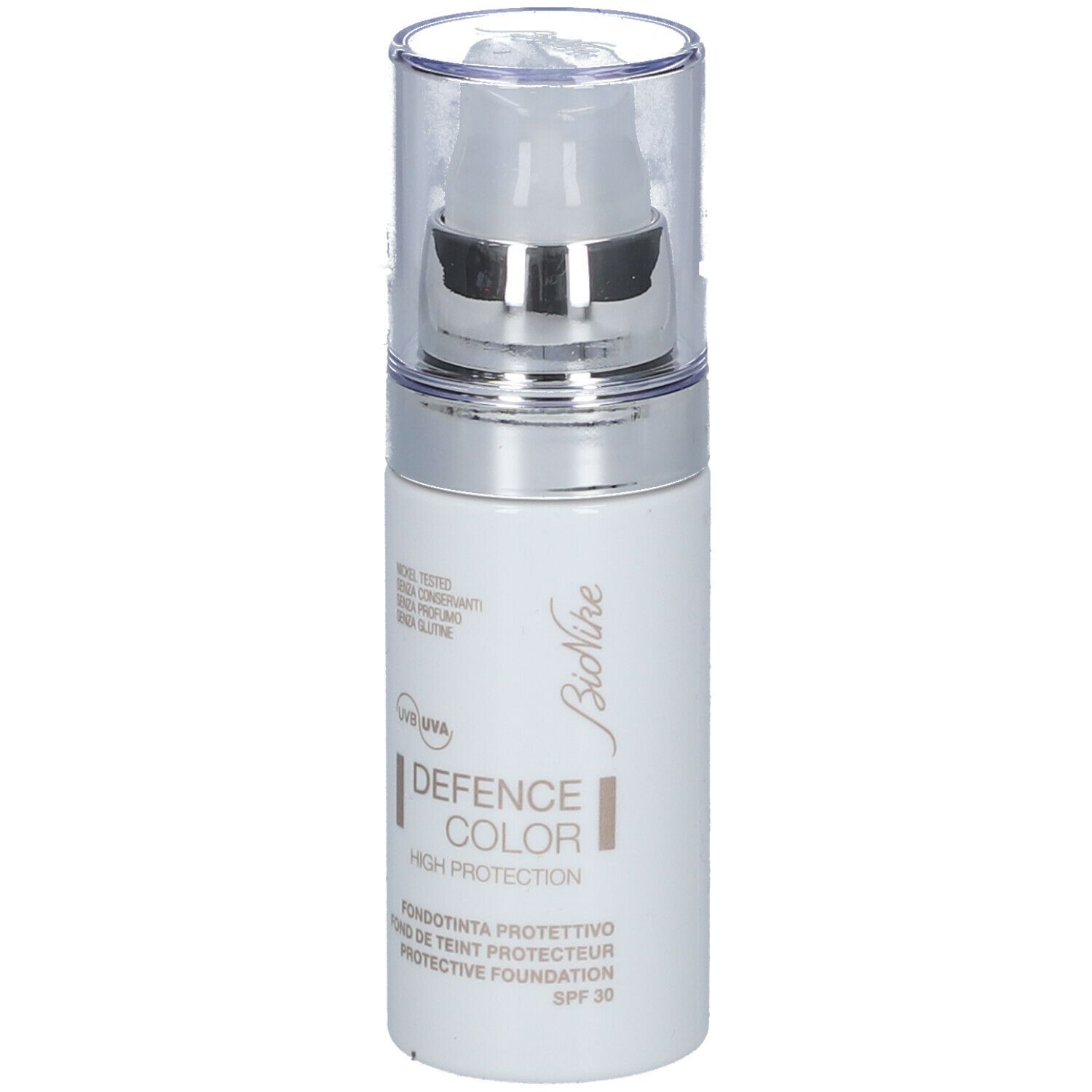 BioNike DEFENCE COLOR PRIMER. Flacone bianco. Testo: DEFENCE COLOR, High Protection, SPF 30.