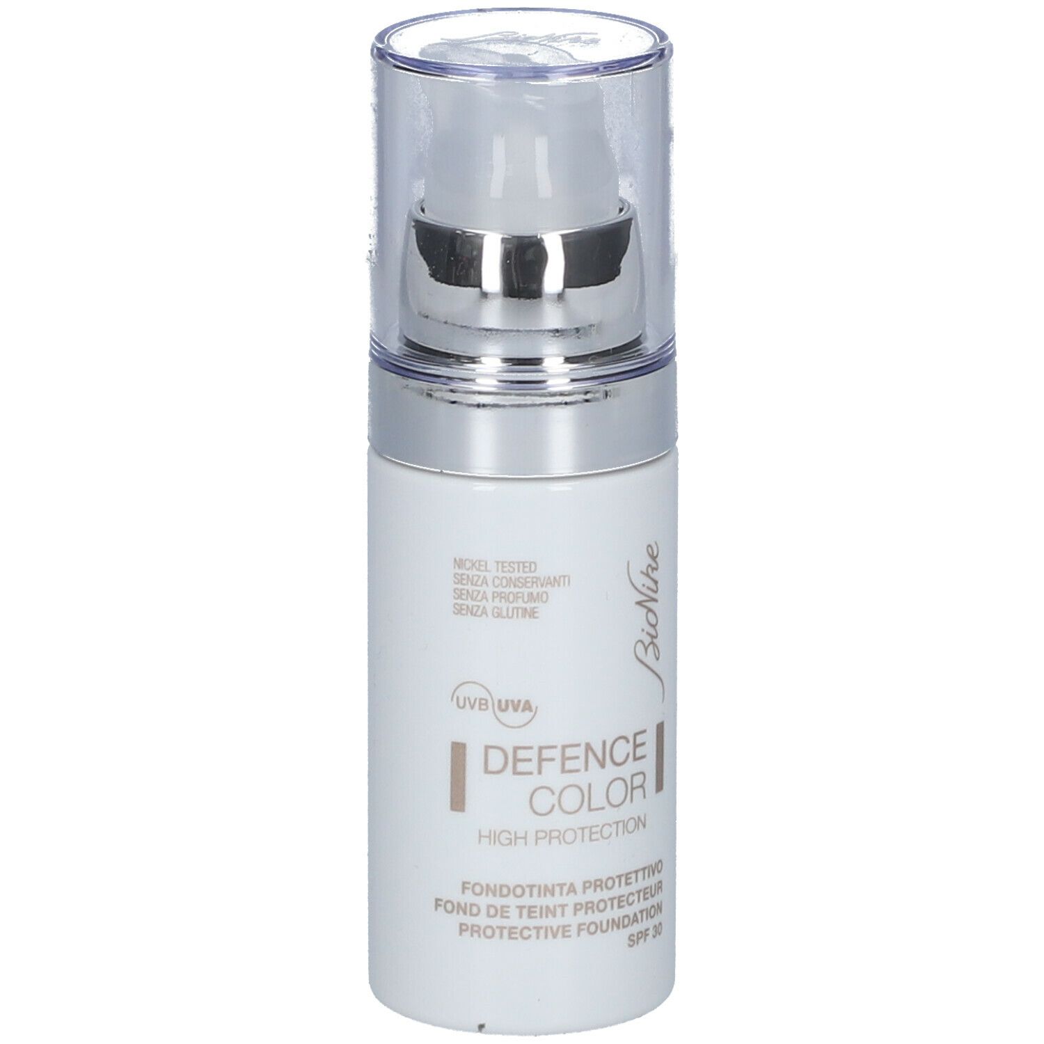 BioNike DEFENCE COLOR PRIMER. Flacone bianco. Testo: DEFENCE COLOR, High Protection, SPF 30.