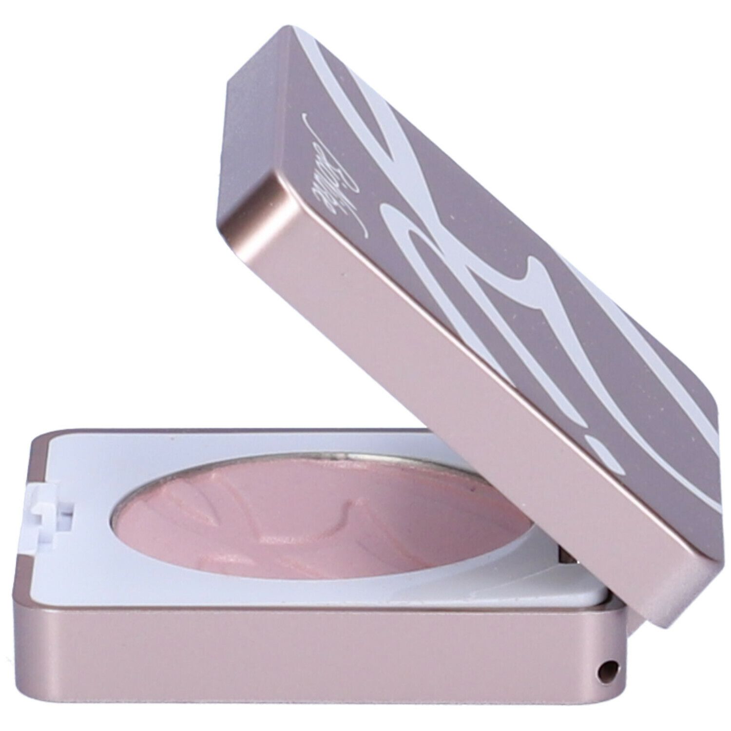 Confezione compatta dorata aperta con ombretto rosa. Marchio Bionike. Logo bianco sul coperchio.