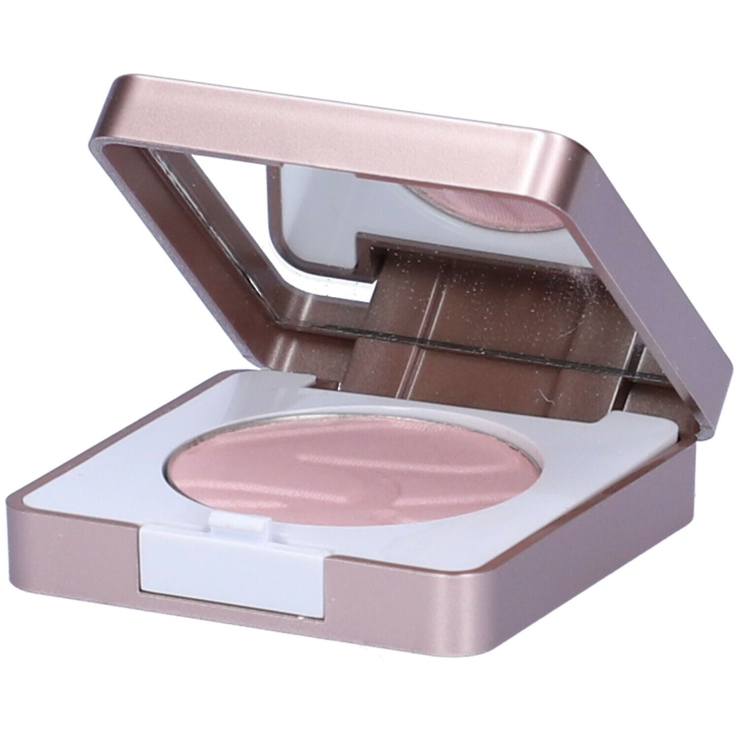 Ombretto rosa in confezione compatta quadrata dorata, con specchio. Aperto, con cornice interna bianca.