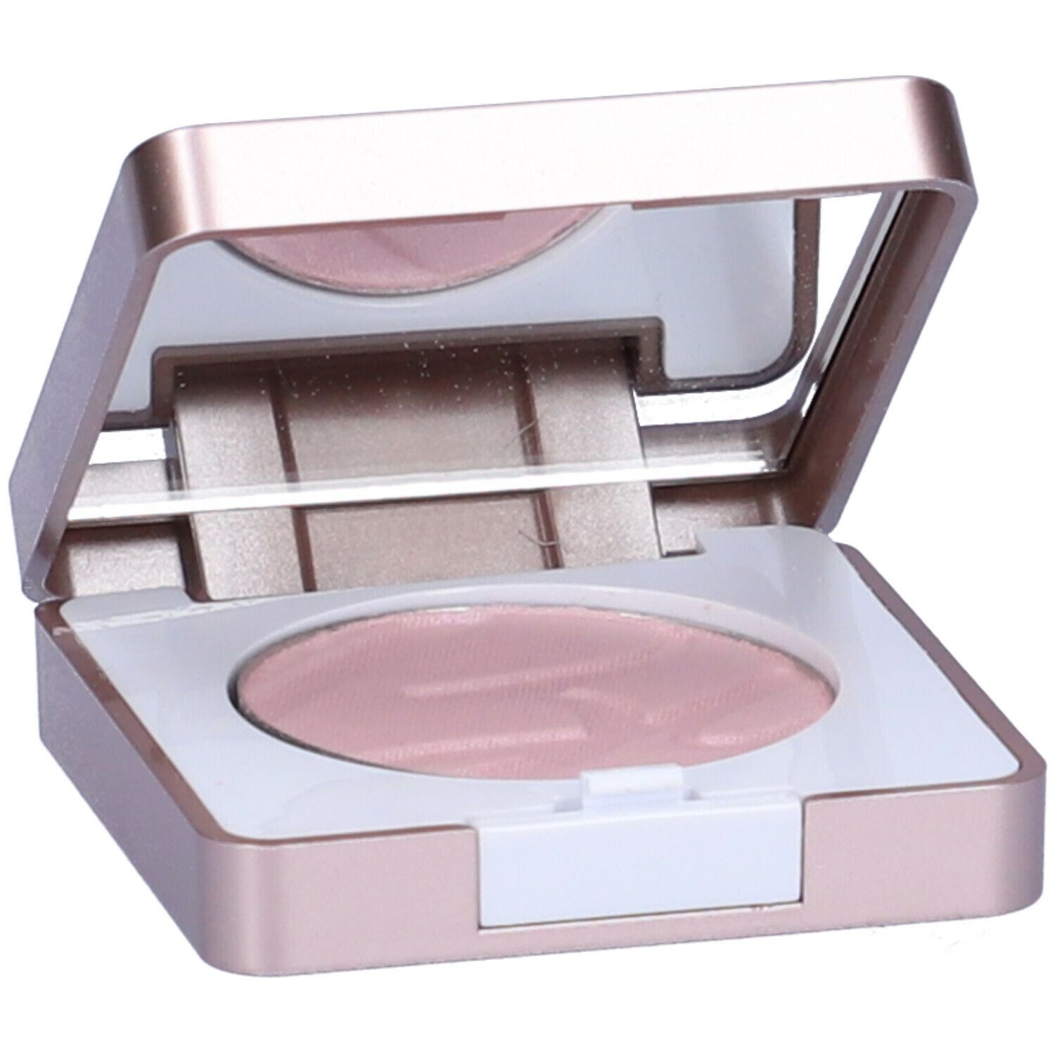 Ombretto rosa in confezione compatta quadrata dorata, con specchio. Aperto, con cornice interna bianca.